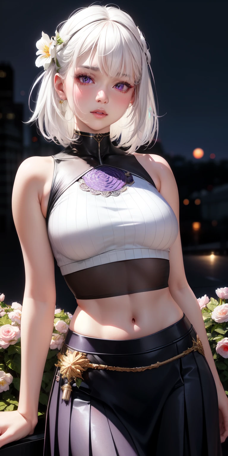 realistic, 1girl, white hair, purple eyes, glowing eyes, crop top, skirt, parted lips, blush, night, flowers, sun, sunlight,