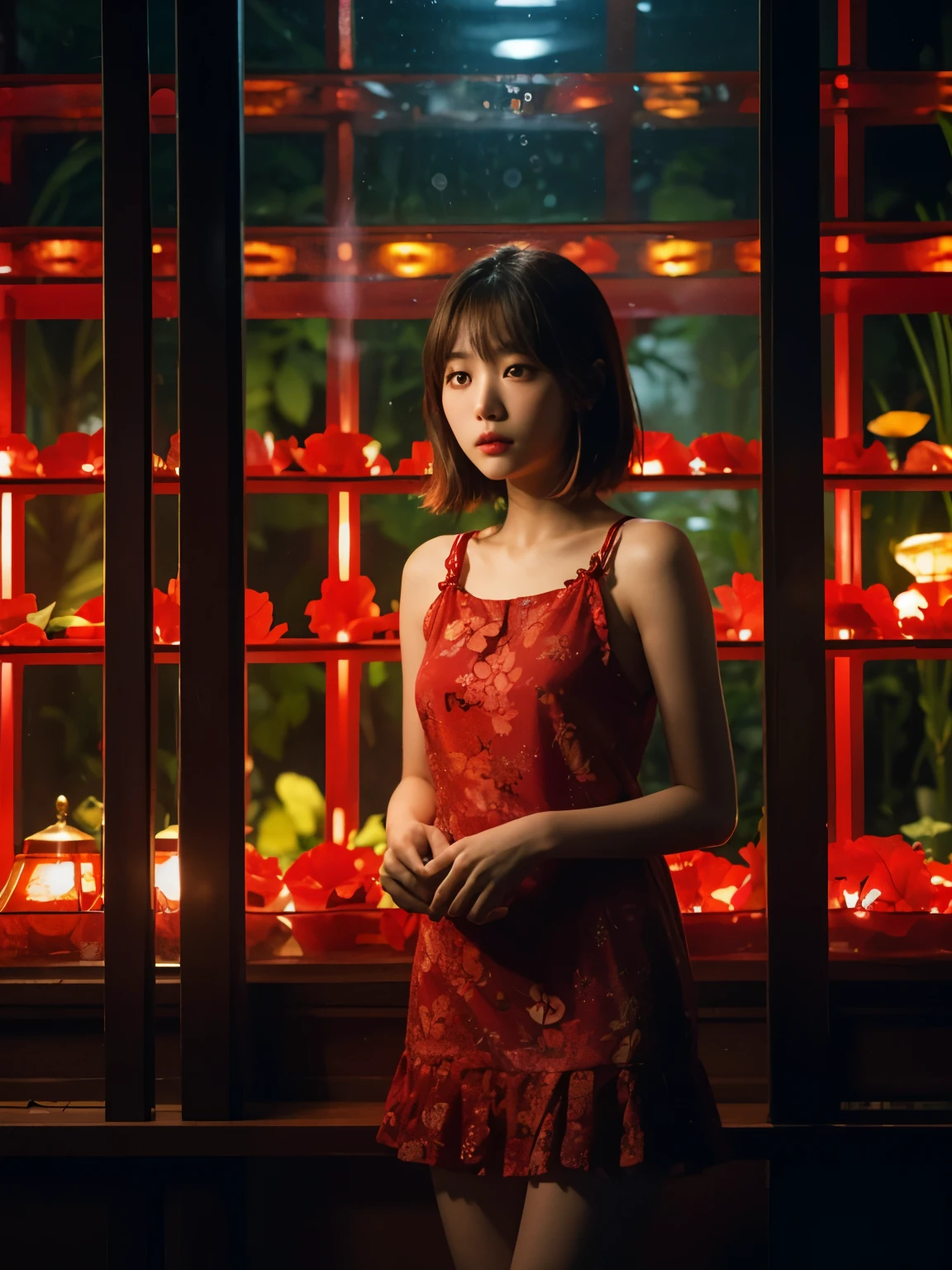 backlight dramatic night photography, night scene, 30 years japanese girl, pale face, very thin body, brown hair, wearing red flower mini dress, displaying inside red glass aquarium, red lamp source of light