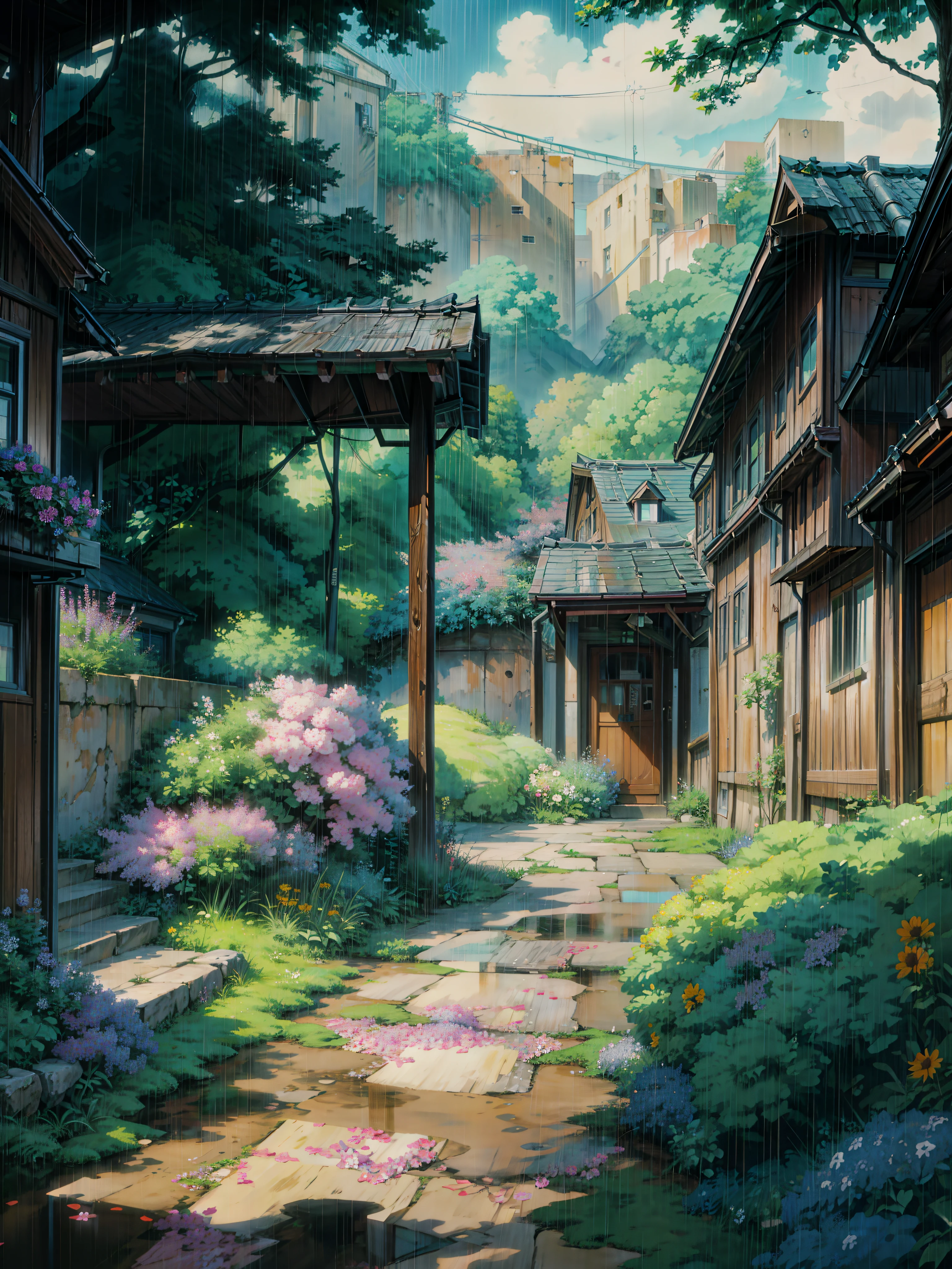 a painting of an alley in the rain, anime scenery, anime. flowers, Meadows, filled with flowers, by makoto shinkai, anime nature wallpap, anime background art, anime background, alena aenami and artgerm, anime atmospheric, anime movie background, anime nature, colorful anime movie background, anime landscape, in style of atey ghailan, style of makoto shinkai