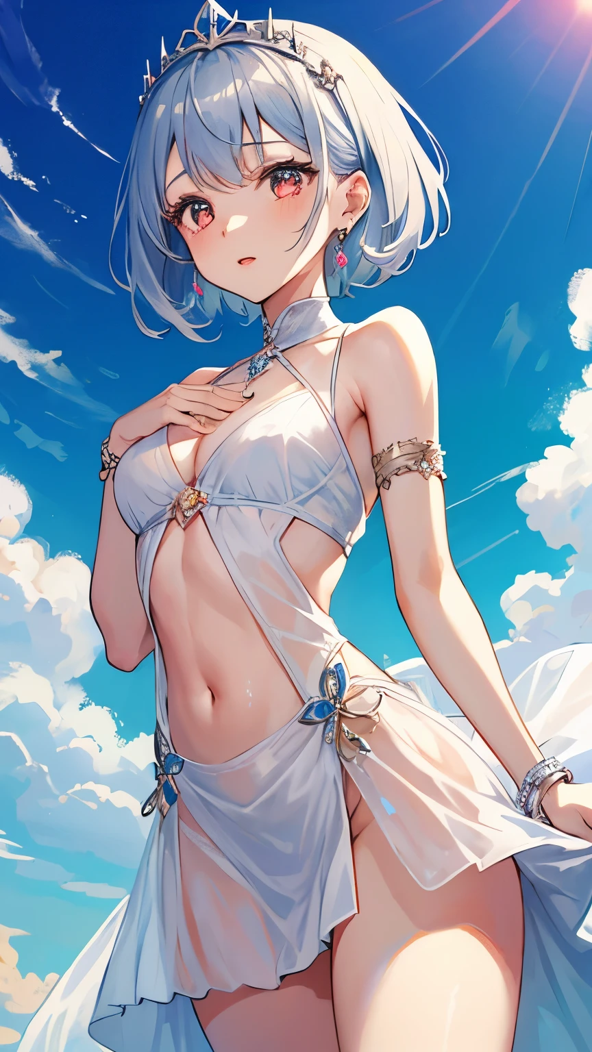young girl silver hair white dress short hair red eyes irreverent face look down thin body thin thighs small breasts small ass toned body wrist bracelet jewelry bracelet tiara with jewels sunlight ripped abs slanted eyes white skin deep red eyes symmetrical transparent dress No underwear arm tattoo high quality High resolution 8k perfect 天使のようなyoung girl 女神のようなyoung girl See-through hair blowing in the wind おI can see the navel blue sky big cloud like a goddess Beautiful little girle girl Beautiful l bracelet symmetrical tiara symmetrical dress ripped abs symmetrical earrings I can see your chest dress with open navel nipples are transparent Blowing in the wind big eyes cinched waist tattoo on arm simple dress I can see the navel I can see the breasts