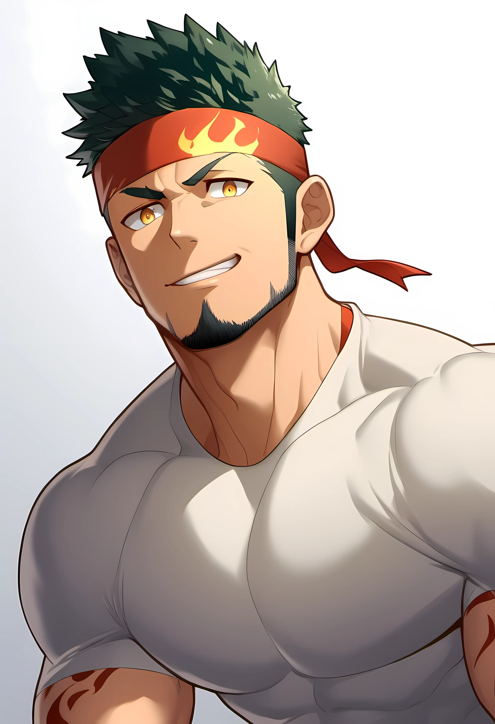 anime characters：Guy, Priapus, 1 young muscular man, male focus, Flame tattoo, Sport red headband, Creamy white spandex tight T-shirt, muscular male, muscular, only, Upper body, alone, short black hair, thick eyebrows, stubble, yellow eyes, White background, simple background, amazing quality, best aesthetics, Ridiculous, bright pupils, short hair, naughty face, torogao, open lips, best quality