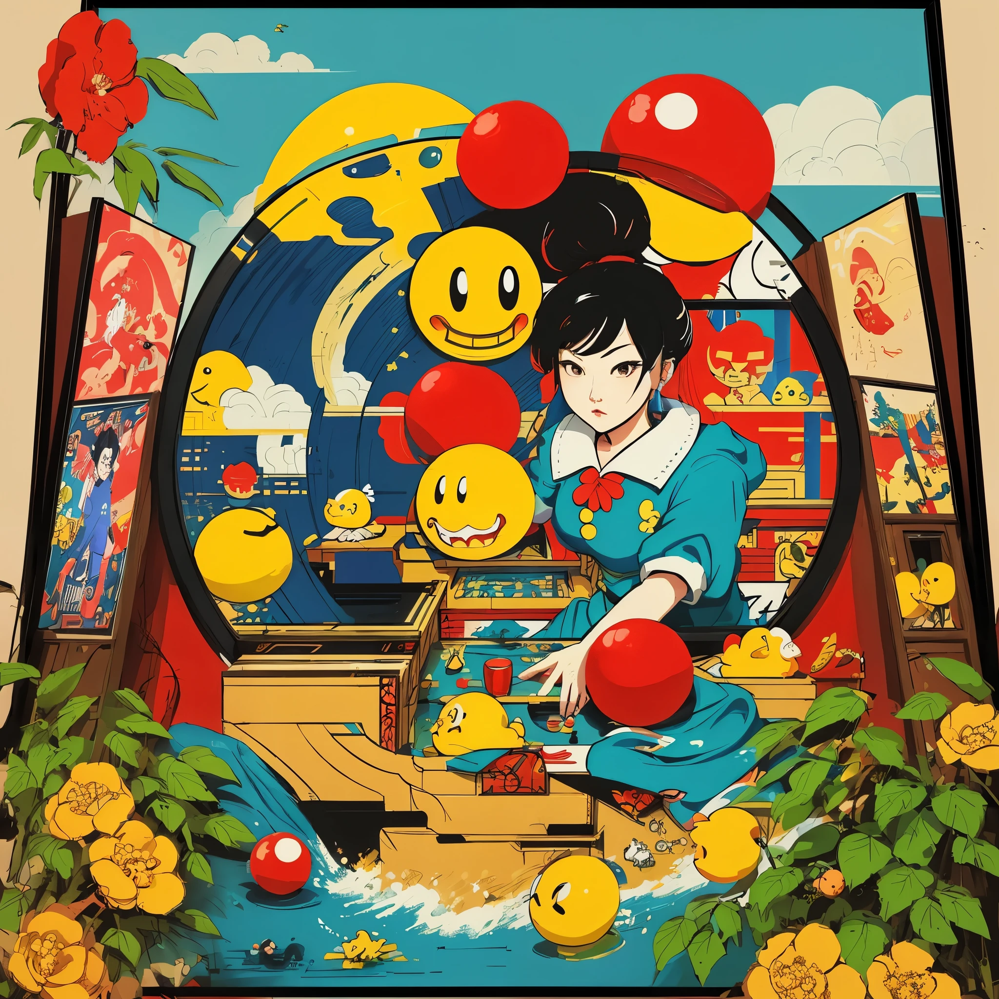 the video game play of 'pac-man' reimagined in the art style of Wu Guanzhong, bamboo framed arcade game
