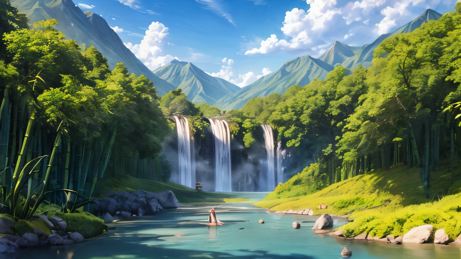 ((best quality)), ((masterpiece)), (detailed), The hot sun is blocked by the bamboo leaves of the mountains.,A touch of coolness moistens the earth。The nameless valley is like a paradise hidden in the depths of a secret realm,
