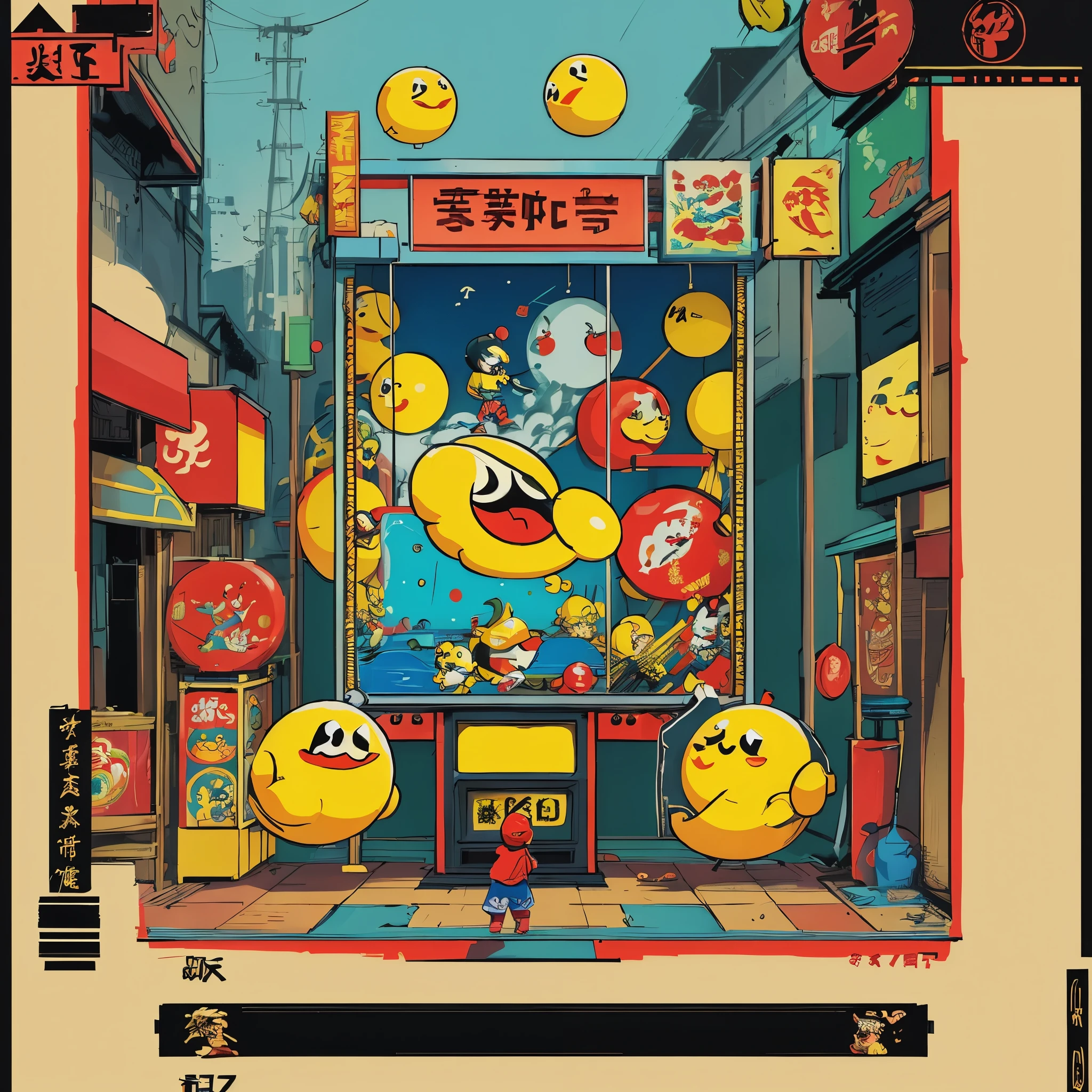 the video game play of 'pac-man' reimagined in the art style of Wu Guanzhong, bamboo framed arcade game