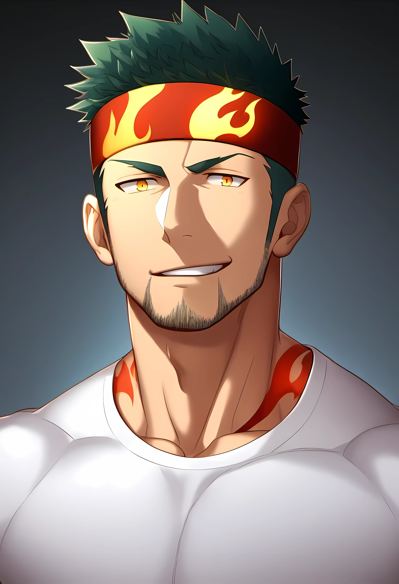 anime characters:Guy, Priapus, 1 young muscular man, male focus, Flame tattoo, Sport red headband, Creamy white spandex tight T-shirt, muscular male, muscular, only, Upper body, alone, short black hair, thick eyebrows, stubble, yellow eyes, White background, simple background, amazing quality, best aesthetics, Ridiculous, bright pupils, short hair, naughty face, torogao, open lips, best quality