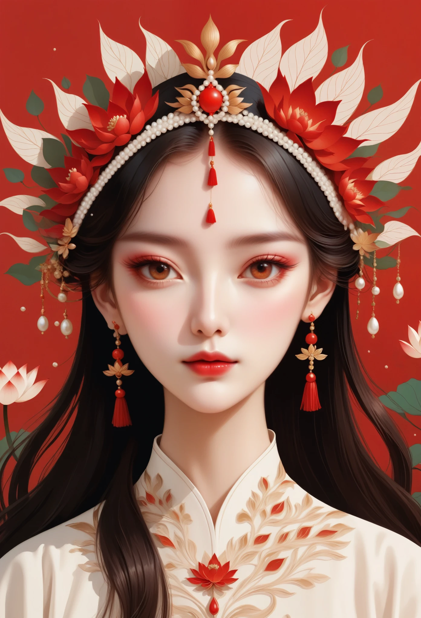 flat，Vector，meticulous painting，simple lines，beautiful girl，portrait，phoenix crown，fringed tiara，Pearl crown，red， Lotus leaf background
