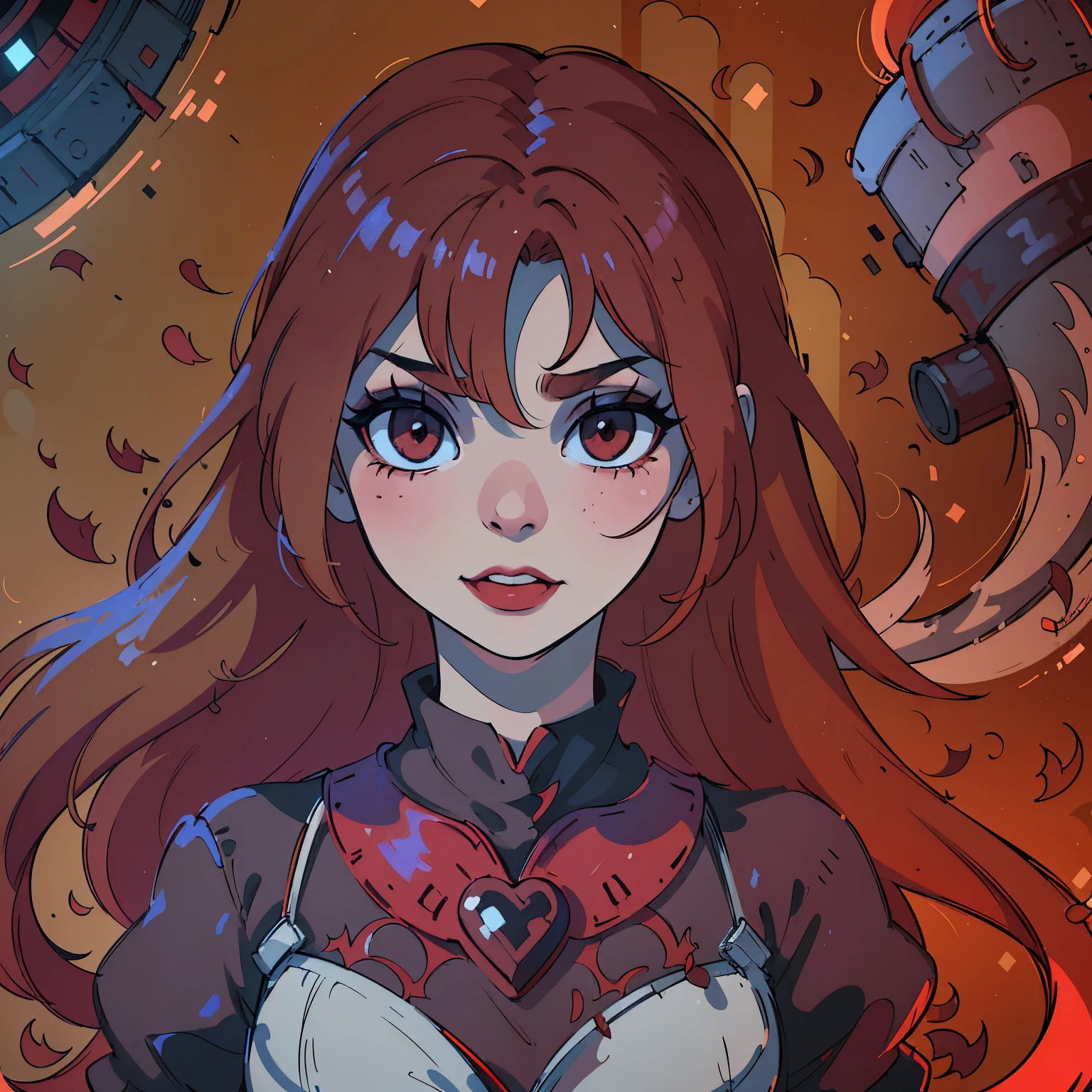 (best quality,4k,8k,highres,masterpiece:1.2),ultra-detailed,(realistic,photorealistic,photo-realistic:1.37),blood red hair,blood red eyes,extremely detailed eyes and face,lighter skin,vivid colors,dark shadows,dramatic lighting,gothic,horror,portrait,very red hair,beautiful nose,smile, Do not alter the hair fringe,Red lipstick, smile with beautiful teeth, Regular mouth not too big