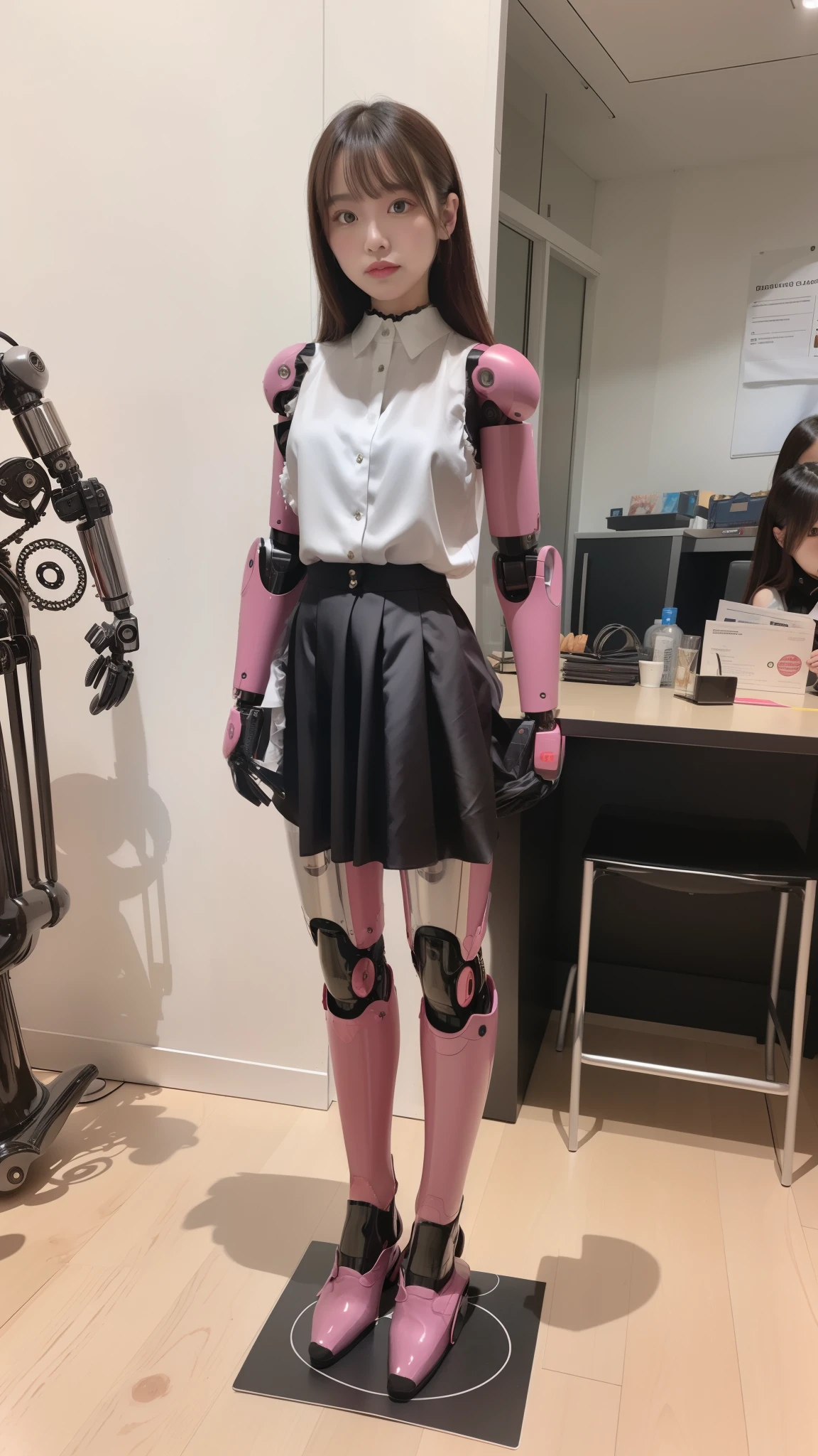 Sleeveless silver satin ruffled blouse, black skirt, robot