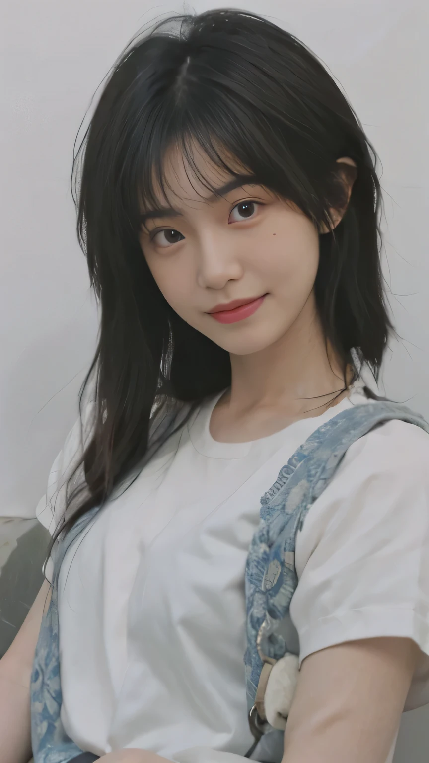 ((best quality, 8k, masterpiece: 1.3)), focus: 1.2, perfect body beauty: 1.4, (layered hairstyle: 1.2), (dark street: 1.3), Highly detailed face and skin textures, whole body, beautiful eyes, double eyelids, skin whitening, long hair, (round face: 1.5), (short sleeves, shorts: 1.6), Smile,(White shirt), （realistically：1.4），original photo，((pure white background))