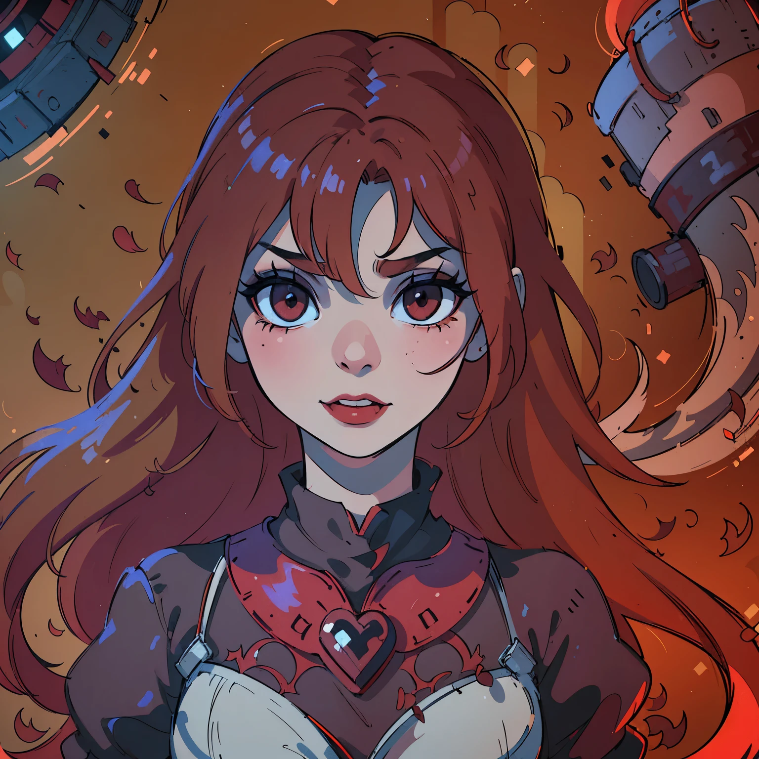 (best quality,4k,8k,highres,masterpiece:1.2),ultra-detailed,(realistic,photorealistic,photo-realistic:1.37),blood red hair,blood red eyes,extremely detailed eyes and face,lighter skin,vivid colors,dark shadows,dramatic lighting,gothic,horror,portrait,very red hair,beautiful nose,smile, Do not alter the hair fringe,Red lipstick, smile with beautiful teeth, Regular mouth not too big