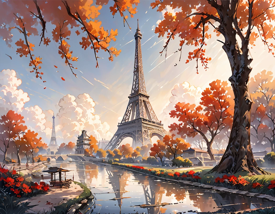 A stunning fusion of Chinese ink wash technique and Western perspective, featuring the iconic Eiffel Tower. The painting is characterized by fluid, expressive brushstrokes and a dynamic composition, reflecting the essence of Chinese landscape painting. The tower's architectural grandeur is accentuated by the use of chiaroscuro, adding depth and dimension to the scene. The harmonious blend of Eastern and Western aesthetics creates a captivating visual narrative that transcends cultural boundaries.