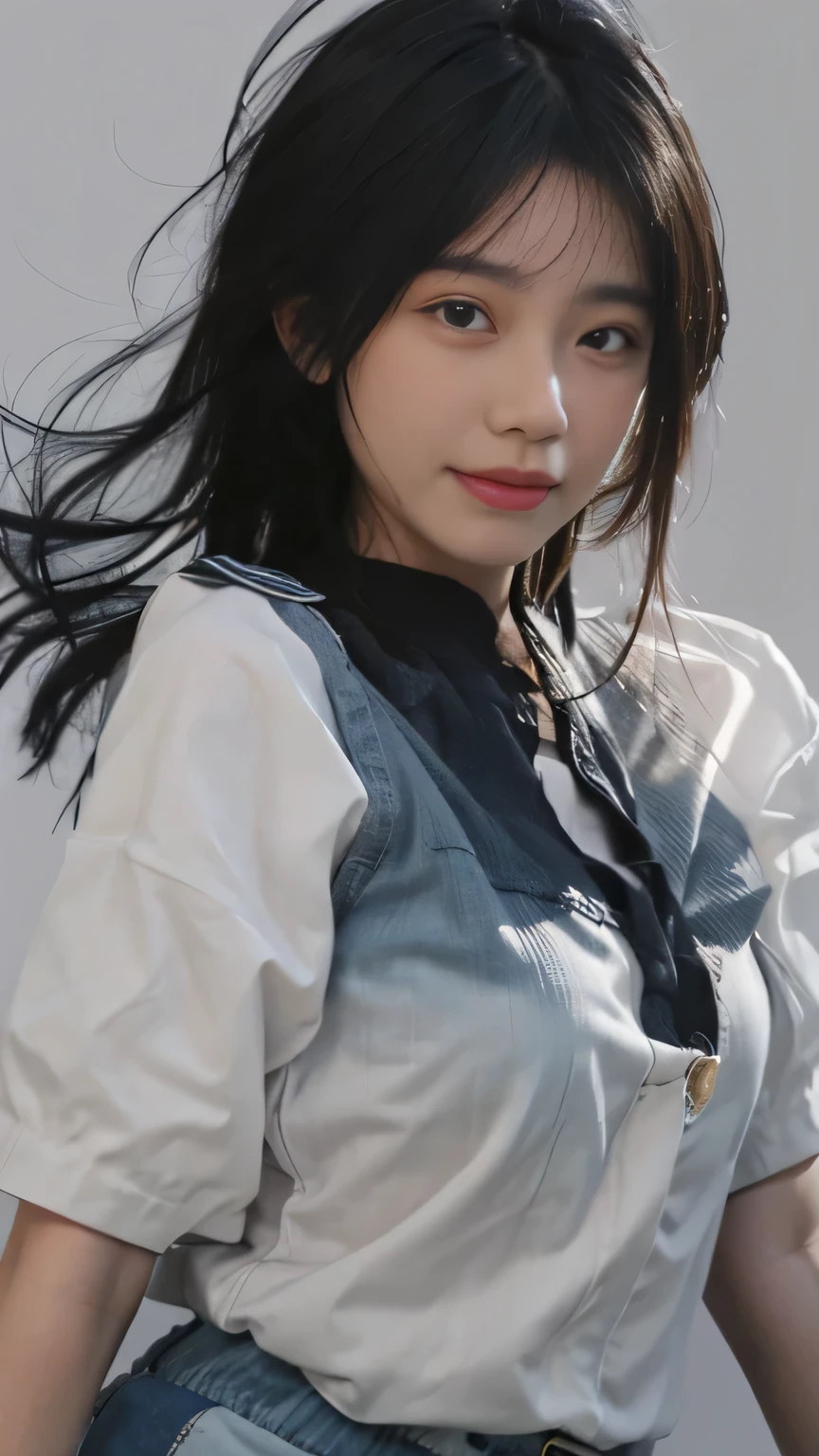((best quality, 8k, masterpiece: 1.3)), focus: 1.2, perfect body beauty: 1.4, (layered hairstyle: 1.2), (dark street: 1.3), Highly detailed face and skin textures, whole body, beautiful eyes, double eyelids, skin whitening, long hair, (round face: 1.5), (short sleeves, shorts: 1.6), Smile,(White shirt), (realistically:1.4),original photo,((pure white background))
