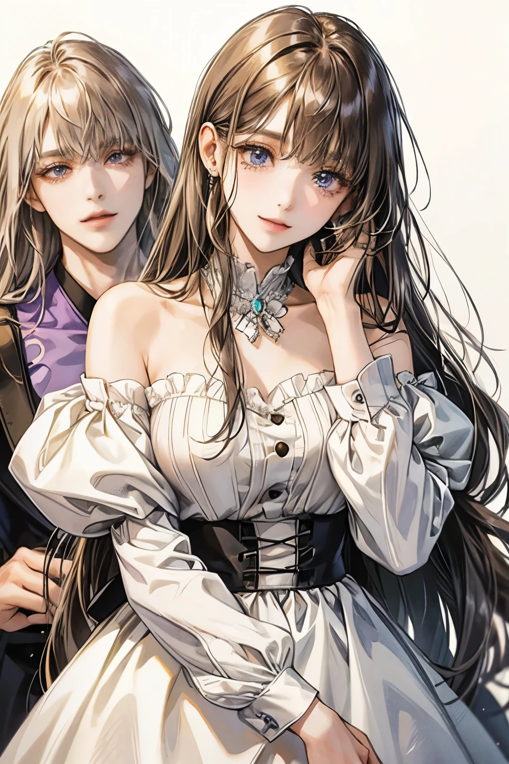 droopy eyes、smile、17 year old female、straight hair、((long hair girl))、Girl with bangs、detailed face、pretty face、((best image quality))、mole、white dress、hair arrangement、half up、simple background、stand、stand女の子、まっすぐstand、1 girl、purple eyes、kind face、Gentle colors、brown hair、cat mouth、white background、put hair in ears、Patsun bangs