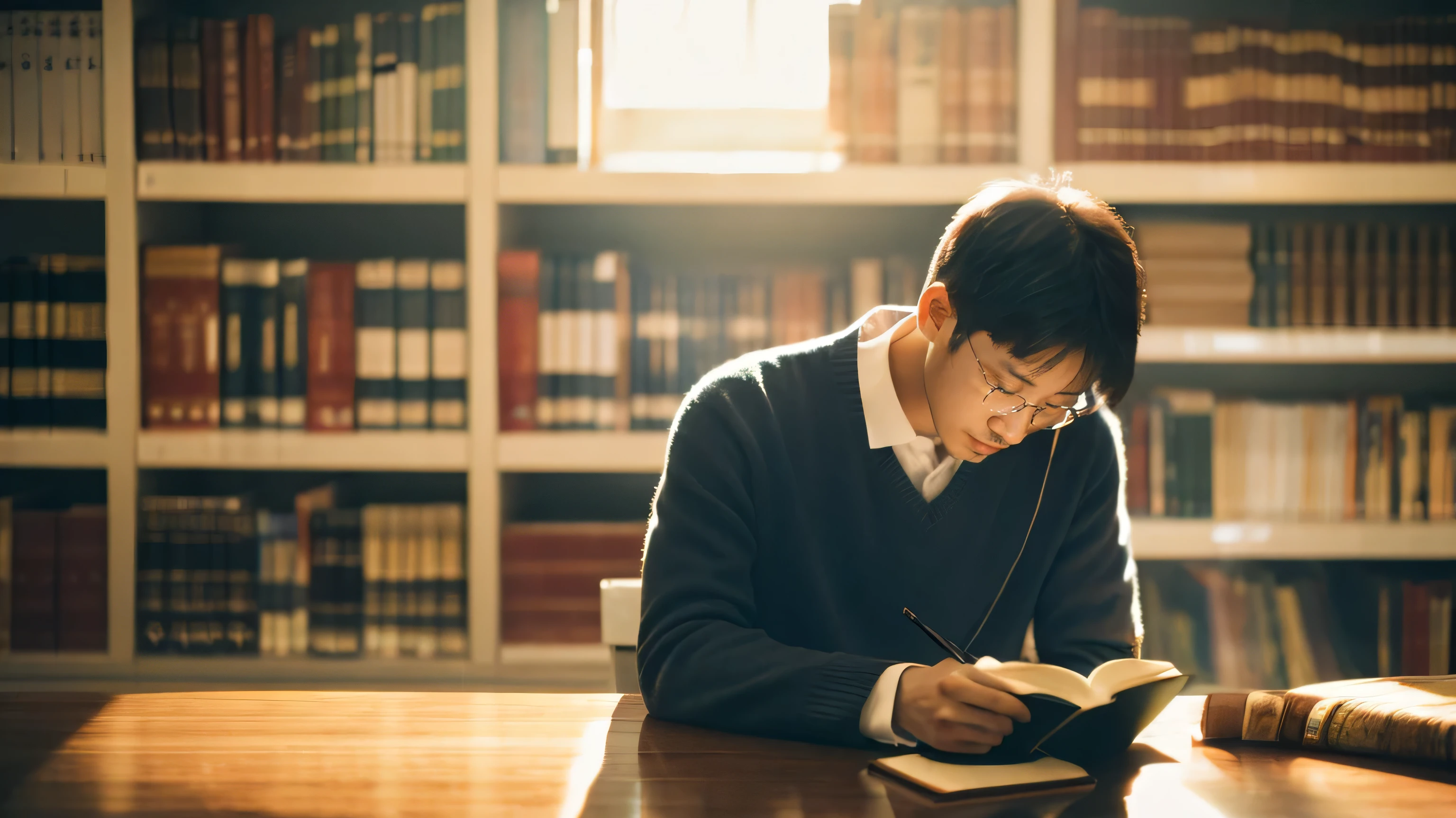 library、Man Reading the Bible、warm light、High resolution