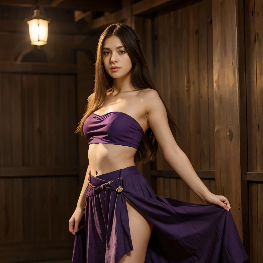 Detailed background, Masterpiece, best quality, 1 person , straight hair, long hair, purple eyes, star in sight , Strapless top, long skirt,There is a Japanese long sword.