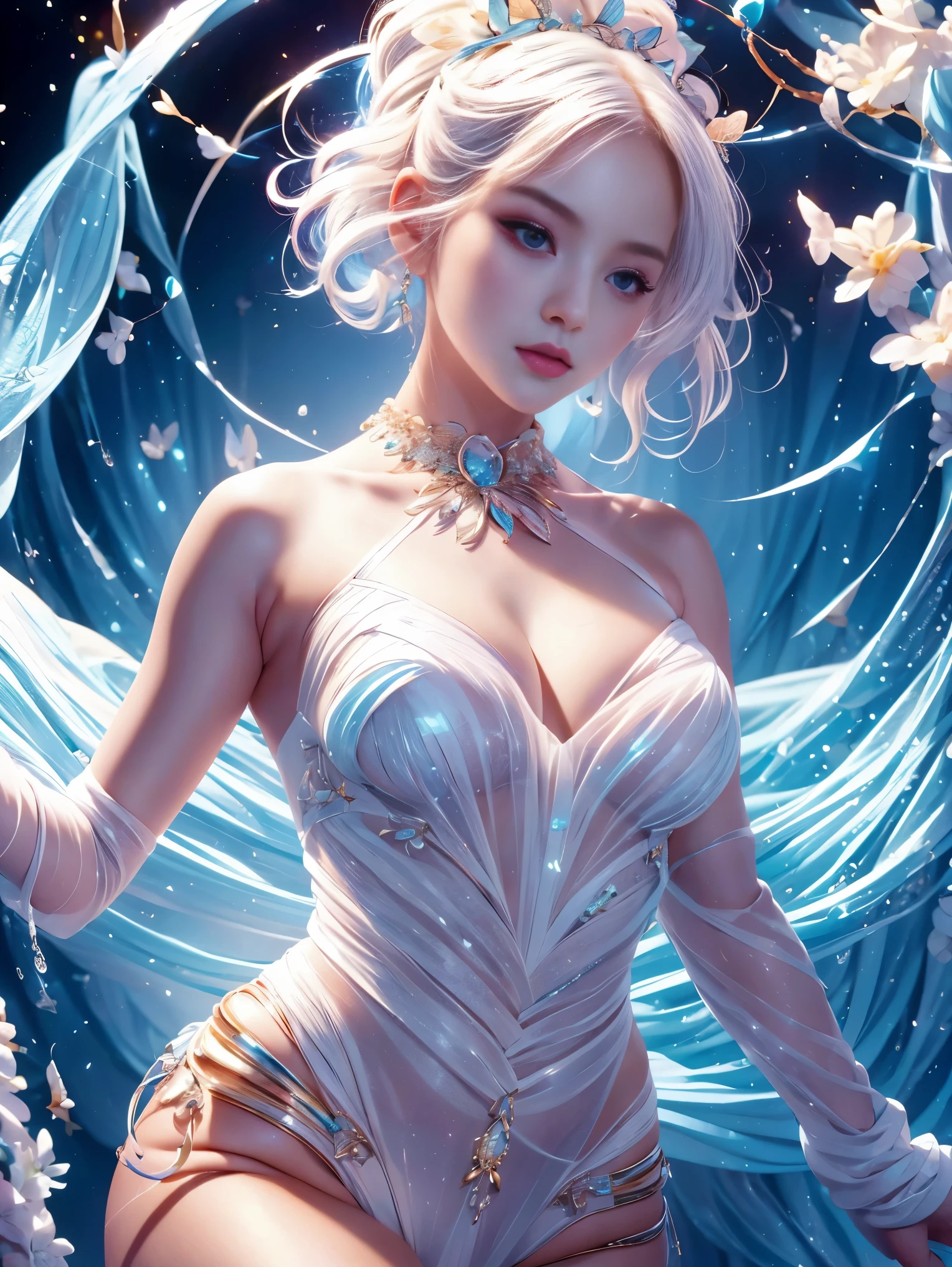 ((Upper body)), best quality, masterpiece, a japanese woman with ((glowing white hair)), ((Delicate pearly blue eyes)), Highly detailed goddess soul, focus on character, alone, (Style Swirl Magic), alone, from the front, Front view, looking at the audience, Detailed face, ((Glowing light magic circle theme)), perched on a ledge, tight neon body, light streaks, Dark Abyss Wanderers summary, ((Simple glowing neon dress)), Engraved with mysterious runes, Outdoor dystopian background,