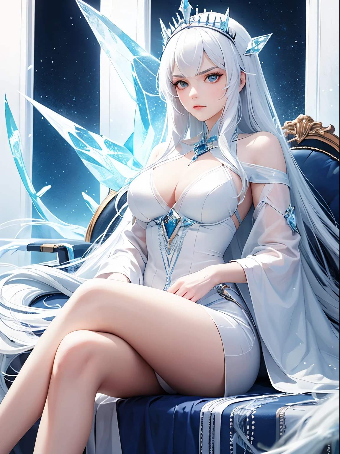 (ice queen, long hair, pure white hair, glowing hair, serious face), crossed legs, sexy