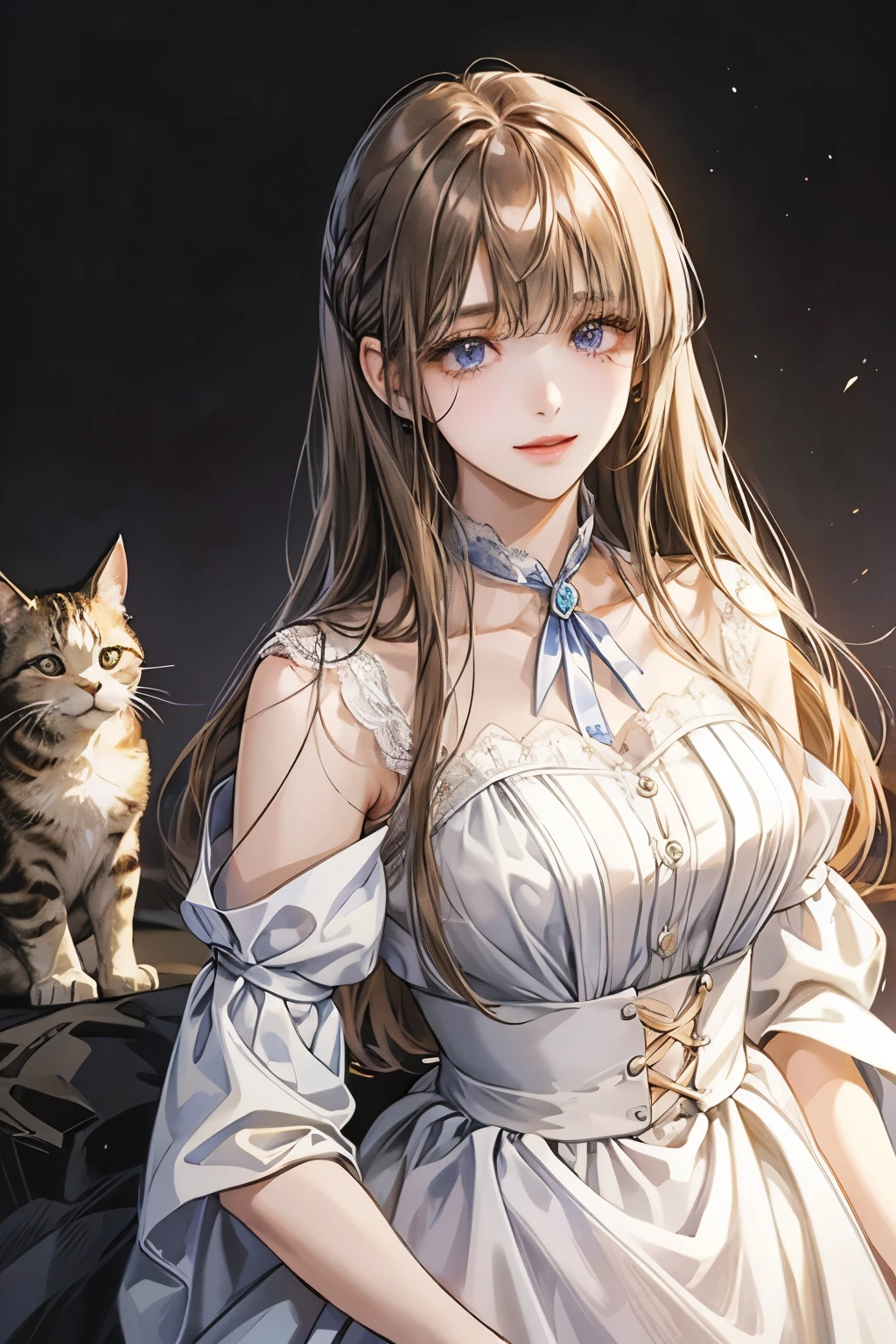 droopy eyes、smile、17 year old female、straight hair、((long hair girl))、Girl with bangs、detailed face、pretty face、((best image quality))、mole、white dress、hair arrangement、half up、simple background、stand、stand女の子、まっすぐstand、1 girl、purple eyes、kind face、Gentle colors、brown hair、cat mouth、white background、put hair in ears、Patsun bangs