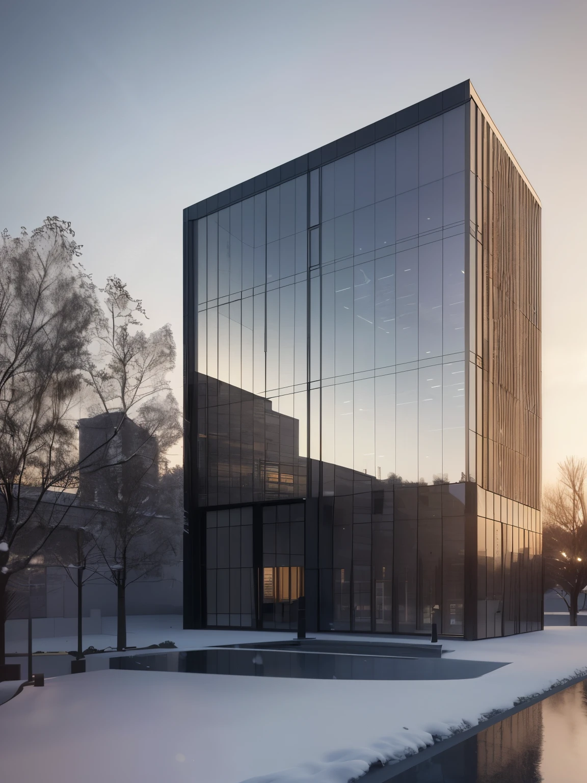 ((masterpiece, best quality)), 8k, modern architecture style, photo realistic, david chipperfield, hyper detailed photo, single box, a digital 3d render of a building, Glass building, leansflare, Snow mountain, Sunset or dawn