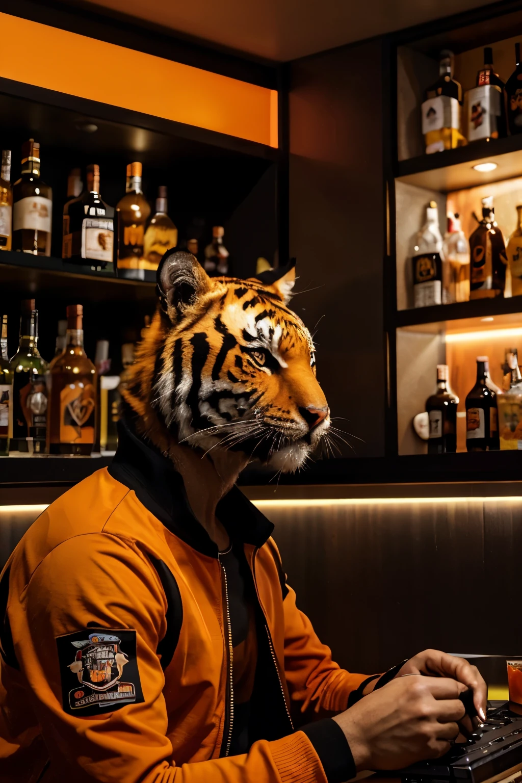 tiger animal face in profile with an orange sports jacket in the color of an orange and black tiger in a futuristic bar next to drinks and whiskey bottles and an open pack of cigarettes but in 4k quality with all possible resources for better recursive resolution to view on cell phones and tablets and desktops and written in the image title Tigrão Drinks