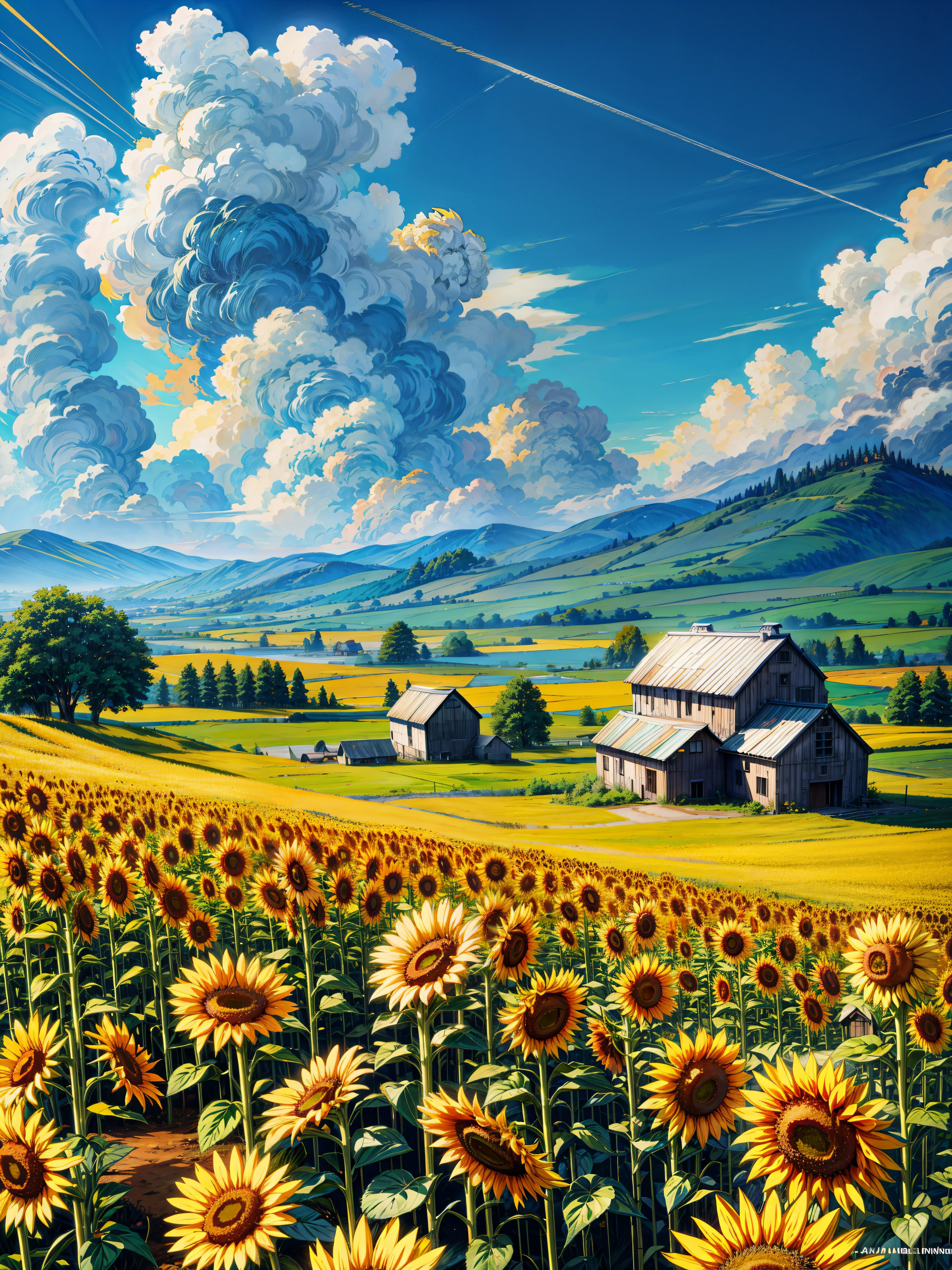 a field of sunflowers with a barn in the background, anime countryside landscape, anime landscape, scene: sunflower field, scene : sunflower field, anime landscape wallpaper, anime scenery, anime beautiful peace scene, sunflower field, anime nature wallpap, anime scenery concept art, summer field, sunny meadow, sunny day background, colors : yellow sunflowers, meadow background