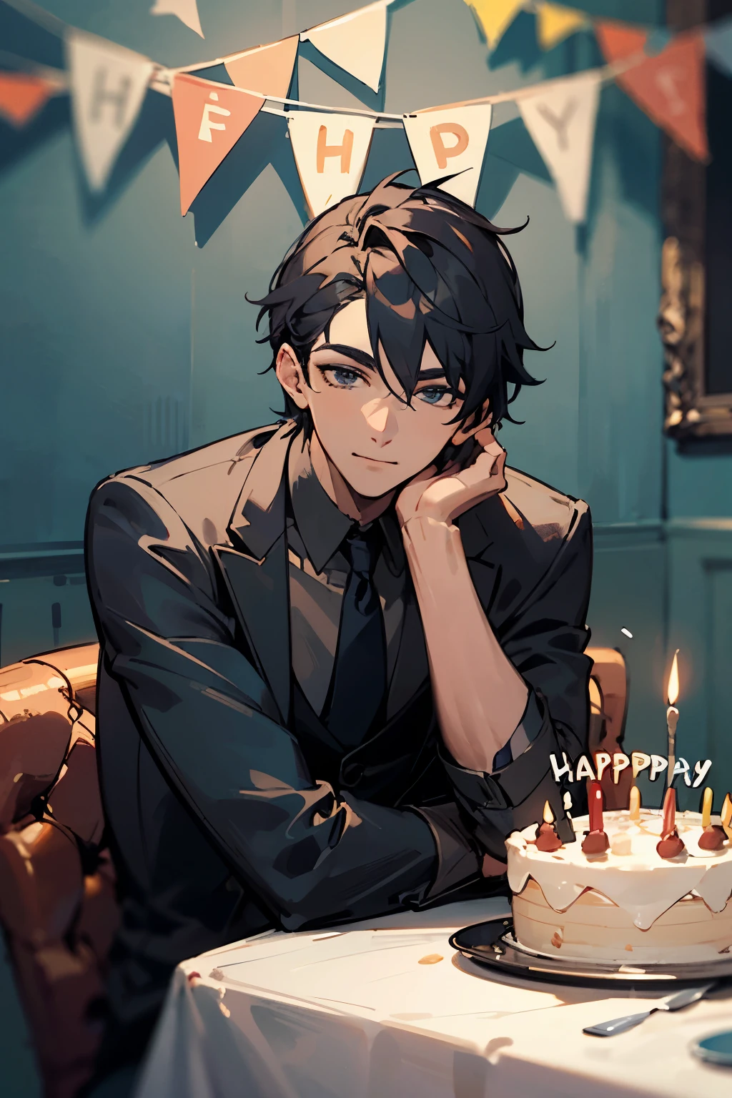 picture of a handsome guy propping his chin his other hand was on the table  at a table with a birthday cake  