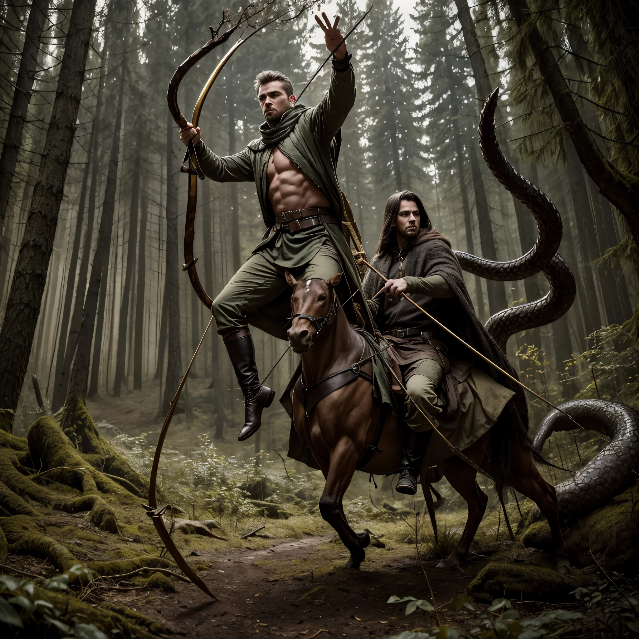 A fierce hunter man with a medieval forest backdrop, Hunting man holding a bow, A surprising forest backdrop, Wearing a dirty gray cloak, Sharp eyes, Smooth skin, Extremely detailed, Complex design, Fair-skinned, Brave colored, High resolution, Dramatic lighting, Challenging situation, With one black nagas and one golden nagas, Large sized mythical serpents.