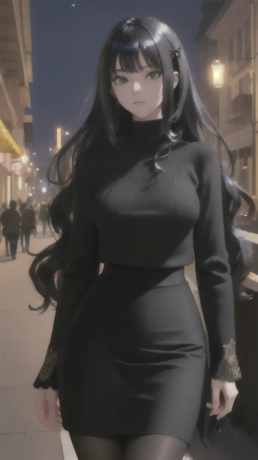 (absurdres), (intricate details), (extremely detailed), (looking at viewer), (masterpiece:1.2),(best quality:1.2),
(girl), (shiny skin:1.2), cinematic, (cowboy shot), medium breasts, outdoors, town, natural wavy, very long hair,
bang, (black_theme), curious face, black hair, (night:1.2),
(knit with pencil skirt), standing,
no_sleeves, pantyhose,
hair ribbon,