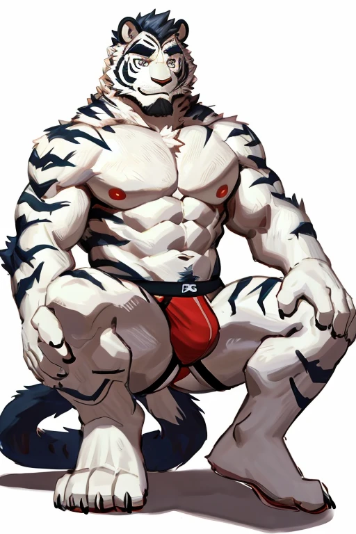 Shirtless, white tiger, 1 boy, solo, light-white fur, white fur, black beard, anthro (white tiger), male, old-aged, white body, white belly, tail, muscular, jockstrap, lay on floor, open leg, show ass hole, white background,high quality, super detail, 1080P, high quality, best quality, 8k, super detail, 16k, highres, HD, 16k, highres, HD
