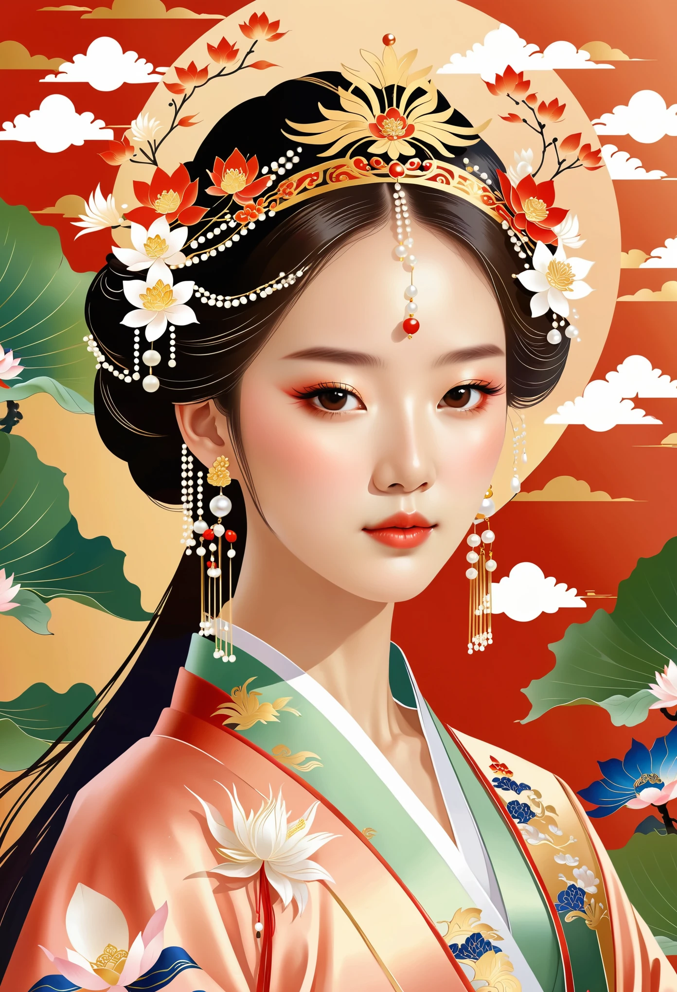flat，Vector，meticulous painting，simple lines，beautiful girl，portrait，phoenix crown，fringed tiara，黄金phoenix crown，pearl头冠，Hanfu，cloud shoulder，pearl， Lotus leaf background
