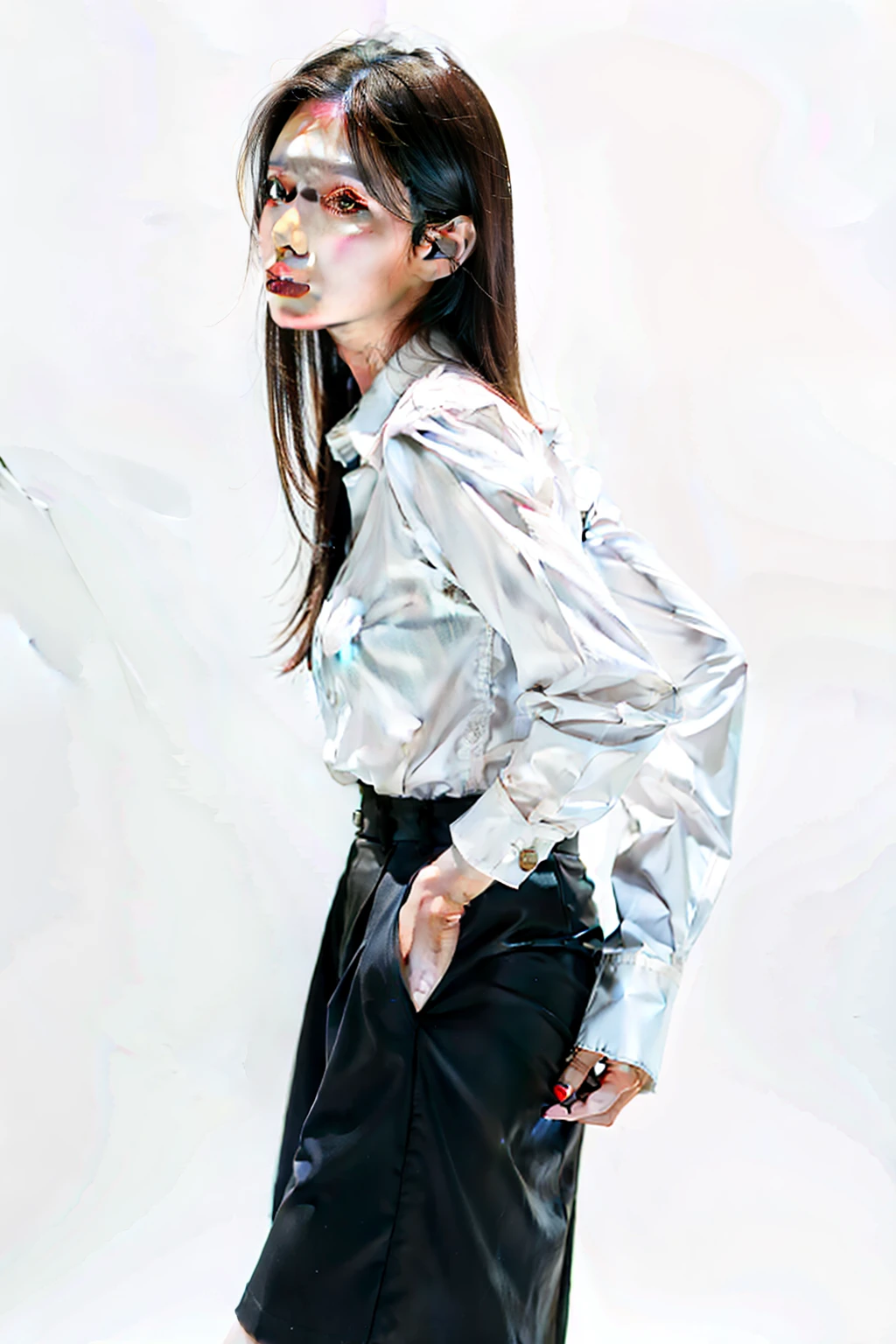 1 woman, dress shirt ,white background,