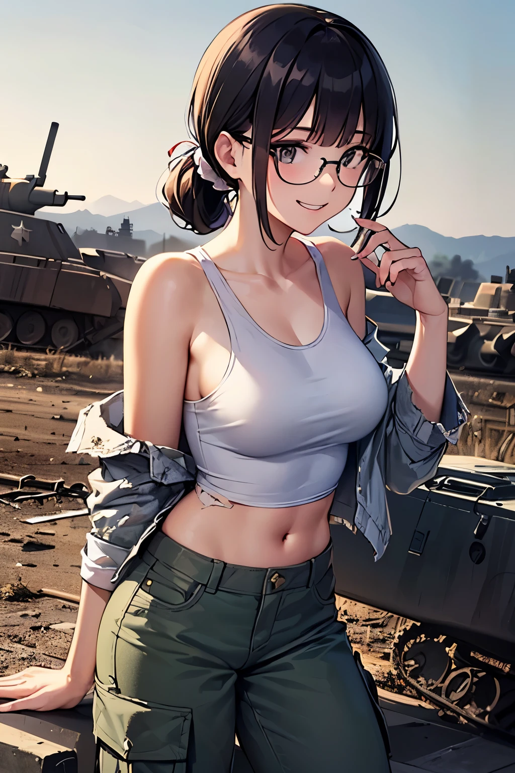 ((wide angle image)), beautiful female veteran, black hair in a ponytail, bangs, wearing large glasses, covering a wound, injured, smiling confidently, (((wearing a white military tank top, layered with a ww2 Oversized military shirt, wearing ww2 military pants Oversized, Off shoulders, Distressed, worn-out))), on the ww2 battlefield