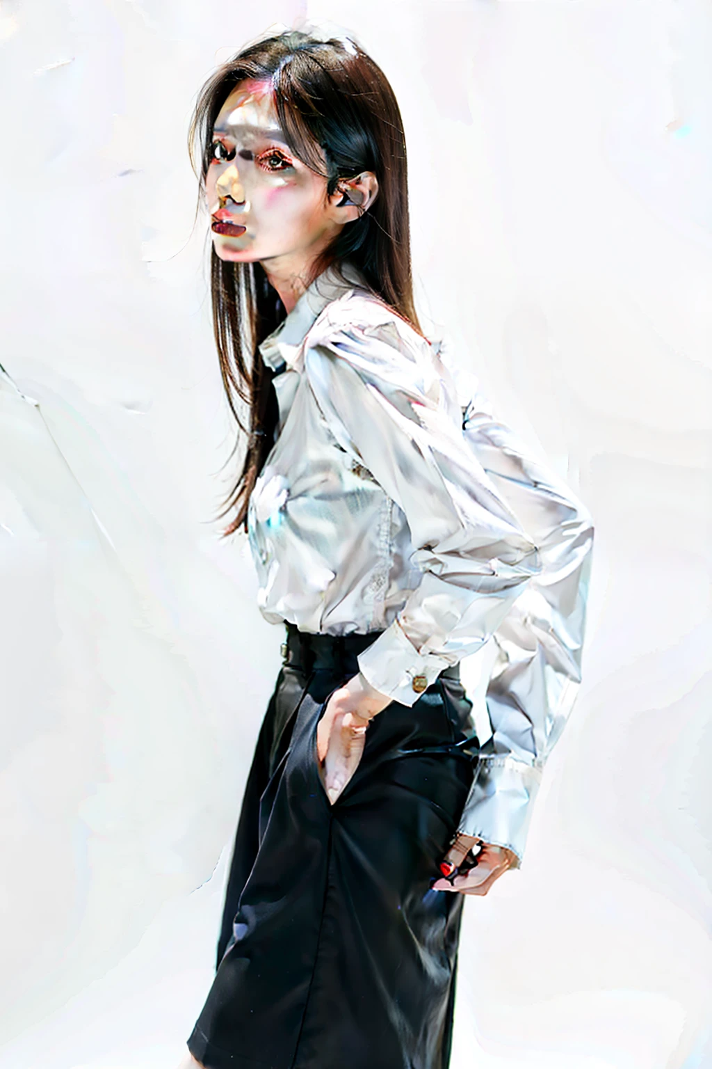 1 woman, dress shirt ,white background,
