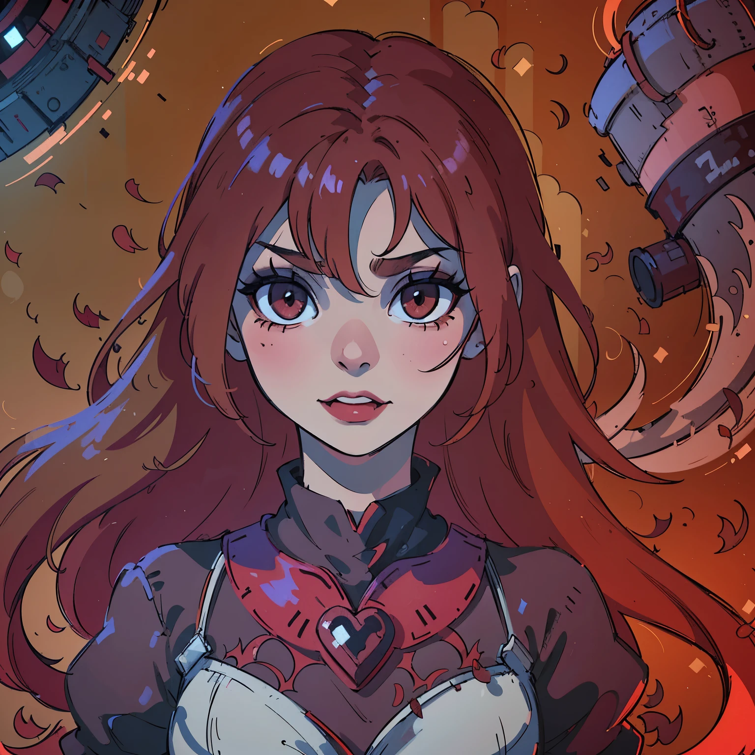 (best quality,4k,8k,highres,masterpiece:1.2),ultra-detailed,(realistic,photorealistic,photo-realistic:1.37),blood red hair,blood red eyes,extremely detailed eyes and face,lighter skin,vivid colors,dark shadows,dramatic lighting,gothic,horror,portrait,very red hair,beautiful nose,smile, Do not alter the hair fringe,Red lipstick, smile with beautiful teeth, Regular mouth not too big
