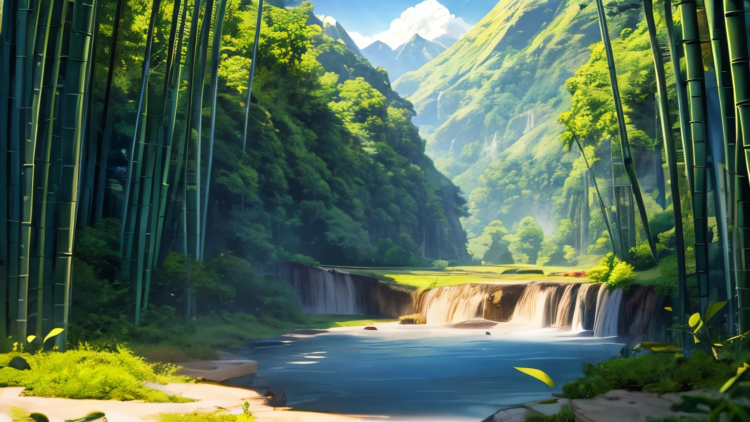 ((best quality)), ((masterpiece)), (detailed), The hot sun is blocked by the bamboo leaves of the mountains.,A touch of coolness moistens the earth。The nameless valley is like a paradise hidden in the depths of a secret realm,