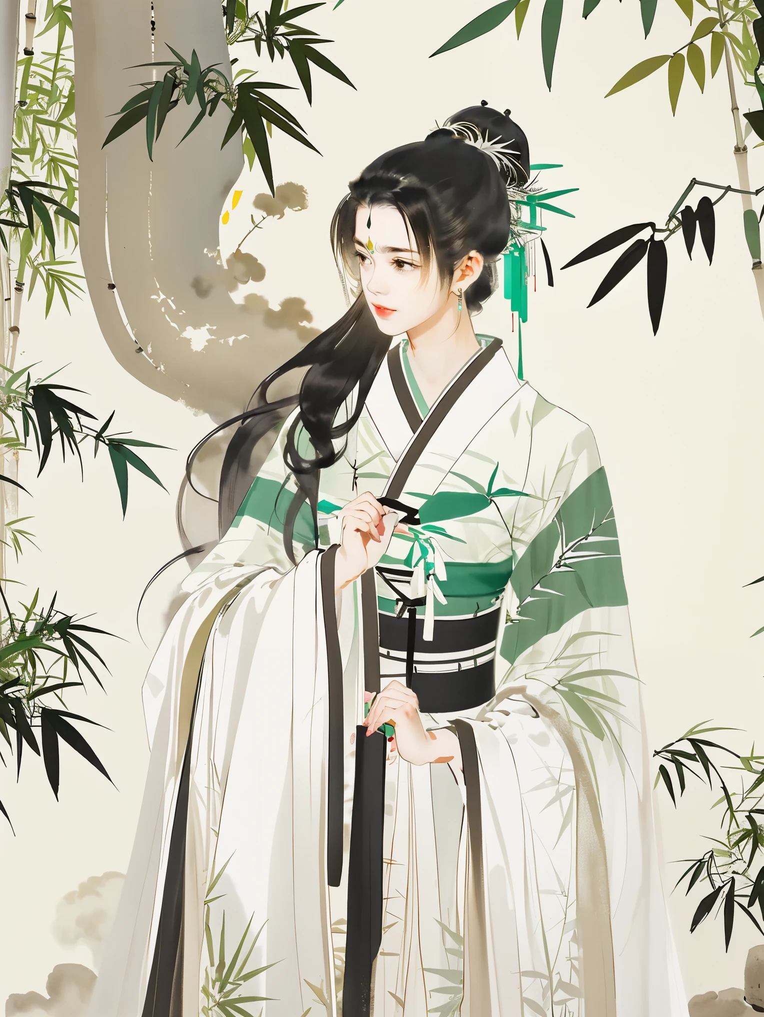 A close-up of a woman, in a bamboo forest, long black hair, ponytail, green headdress, carrying a lantern, bamboo leaves falling, hazy smoke, green Hanfu,wuguanzhong