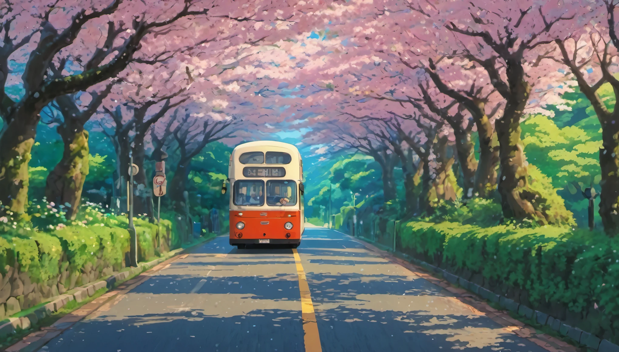 bus, Art at Studio Ghibli,Cherry blossom tree-lined path、rural scenery、rain pattern、傘をさしbus停でbusを待つ少女、A heartwarming scene that gives you a feel of the world of Ghibli anime.