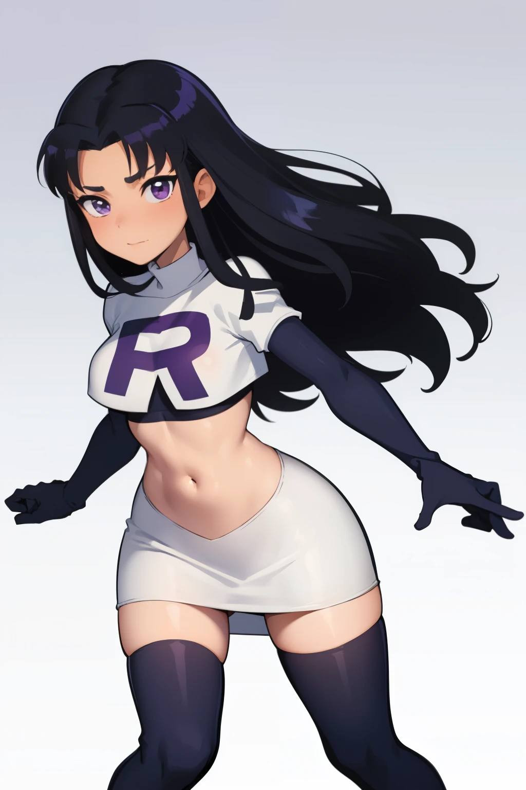 (masterpiece, best quality:1.2), blackfire, 1girl, solo, breasts, dark skin, team rocket,team rocket uniform,white skirt,red letter R,crop top,black thigh-highs,black elbow gloves