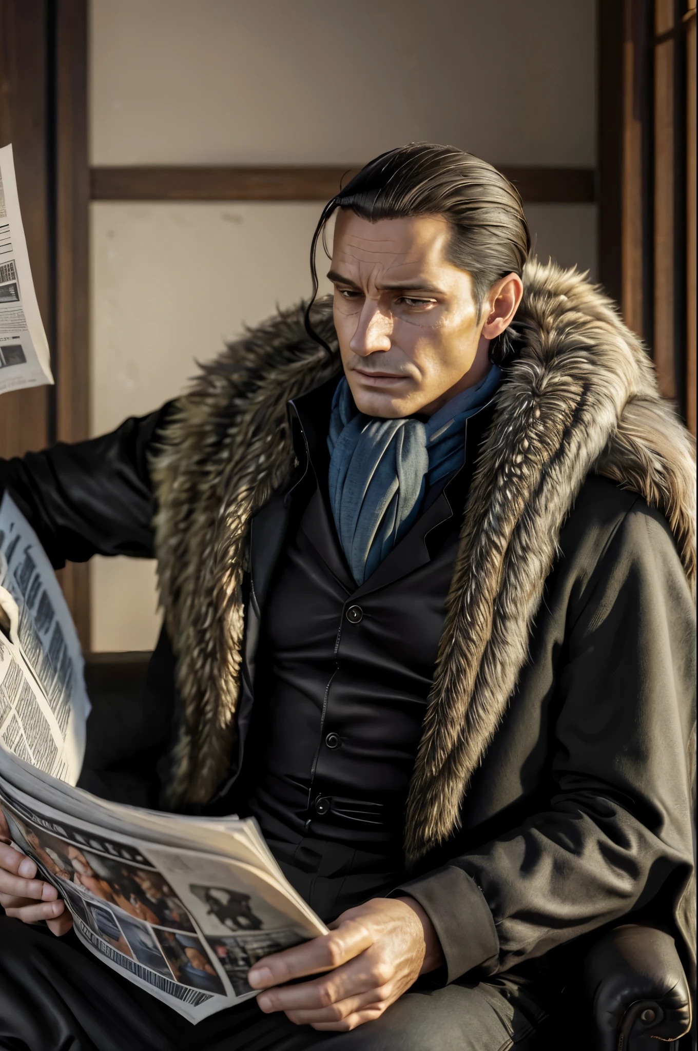 masterpiece, best quality, extremely detailed, hyperrealistic, photorealistic, a cool 40s man, fur-trimmed coat, scarf around the neck, ultra detailed face, sitting, reading a news paper:1.1