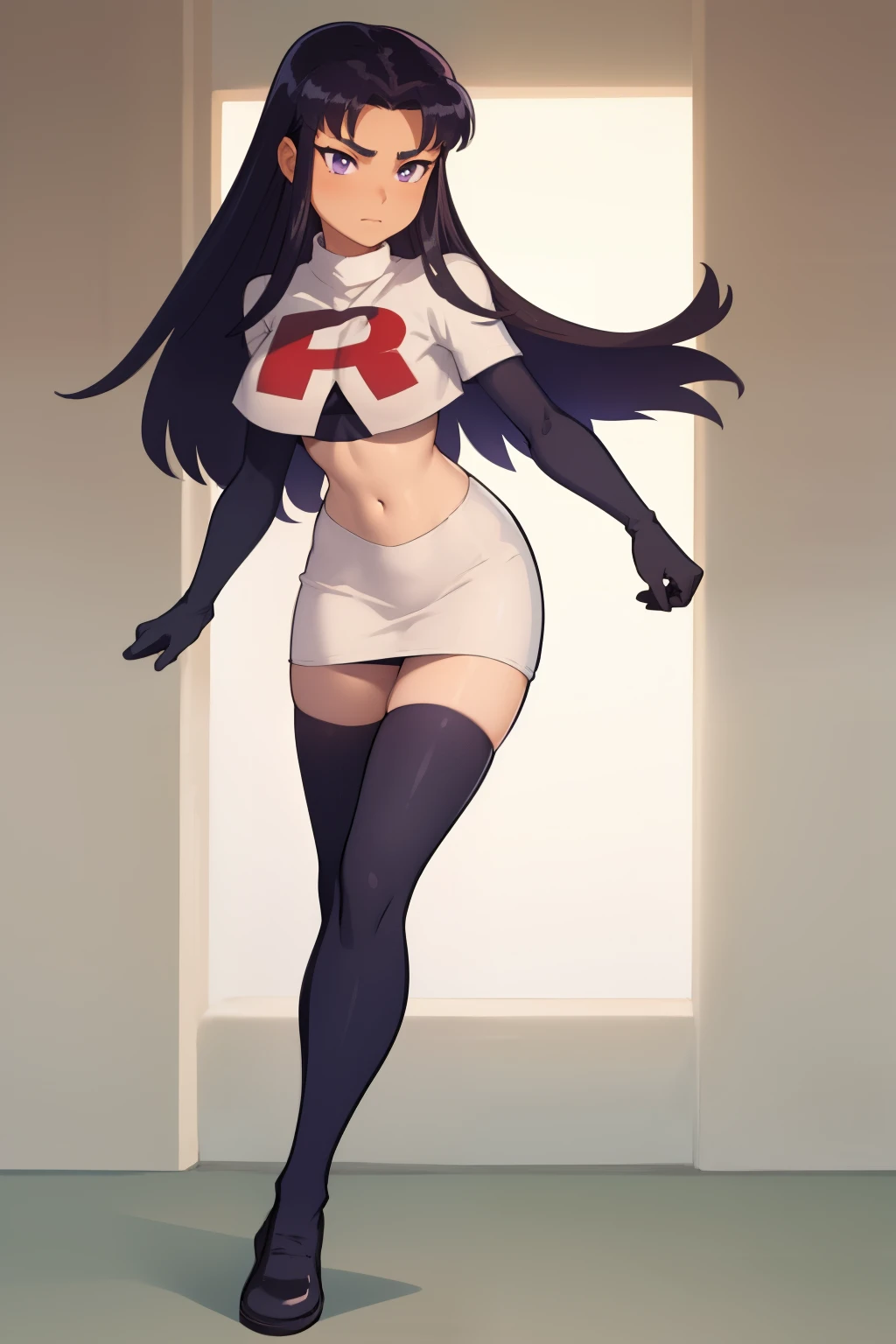 (masterpiece, best quality:1.2), blackfire, 1girl, solo, breasts, dark skin, team rocket,team rocket uniform,white skirt,red letter R,crop top,black thigh-highs,black elbow gloves