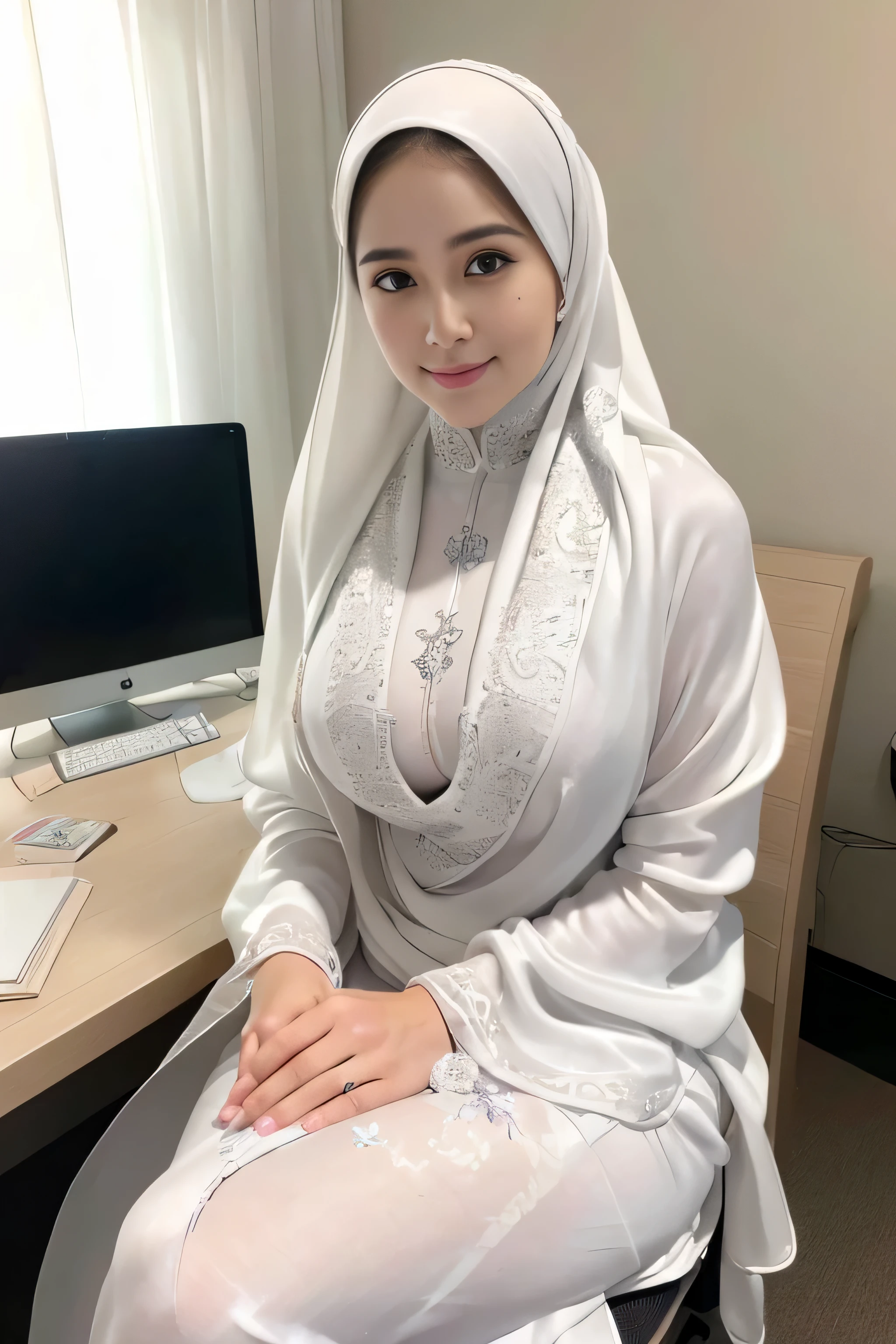 ((Marian rivera)), (8K, best quality:1.2), ((sitting on office chair front of computer)), operate a laptop, beautiful Smile, seduced smile,  Diamond Necklace, earring, White skin, shiny skin, (( breast:1.5)), (masterpiece:1.37), (photo, photorealistic:1.37), (ultrahigh-res),Full Body, slow motion, (insanely detailed, bloom:1.5), (highest quality, Alessandro Casagrande, Greg Rutkowski, Sally Mann, concept art, 4k), (analog:1.2), (high sharpness), (detailed pupils:1.1), detailed face and eyes, Masterpiece, best quality, (highly detailed photo:1.1), photographed by Canon EOS R6, 135mm, 1/1250s, f/2.8, ISO 400, Realistic, 8k, ((masterpiece)), looking at the viewer, long hair, ((wavy hair)), (detailed), detailed face, white skin, Glowing Skin,  bright room, ((Wearing tight Silk Silver embrodery Aodai with closed hijab)), wearing glassess