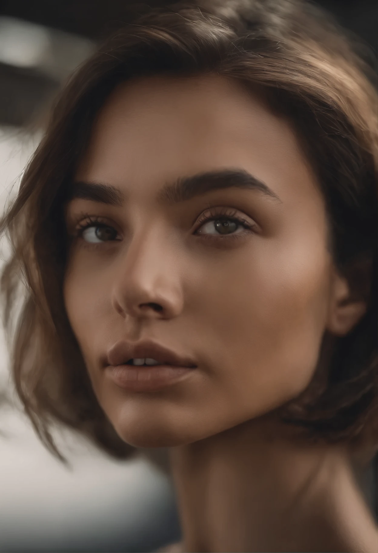 realistic, detailed, realistic details, intricate detail, break,, 1girl, solo, Eurasian, brunette, extremely beautiful, cute, detailed face, detailed skin complexion, beautiful eyes, parted lips, seductive, medium hair, , break,, simple background,, break,, portrait, f1.4/35mm, perspective, depth of field, proportion, focus on face, blurry background, bokeh, sharp focus, depth and dimension, proportion, rule of third, break,,