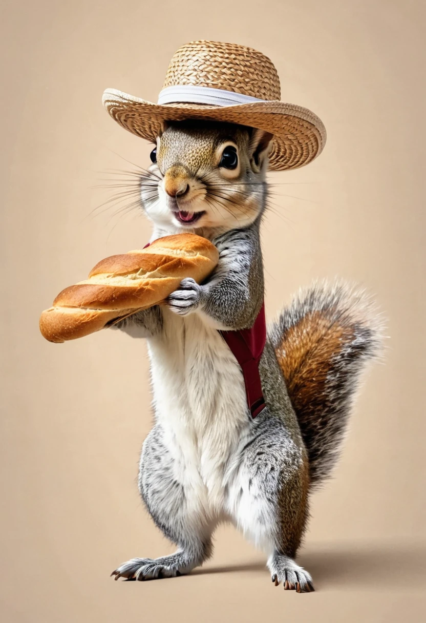 Anthropomorphic animal squirrel, happily walking with French bread, straw hat, tank top