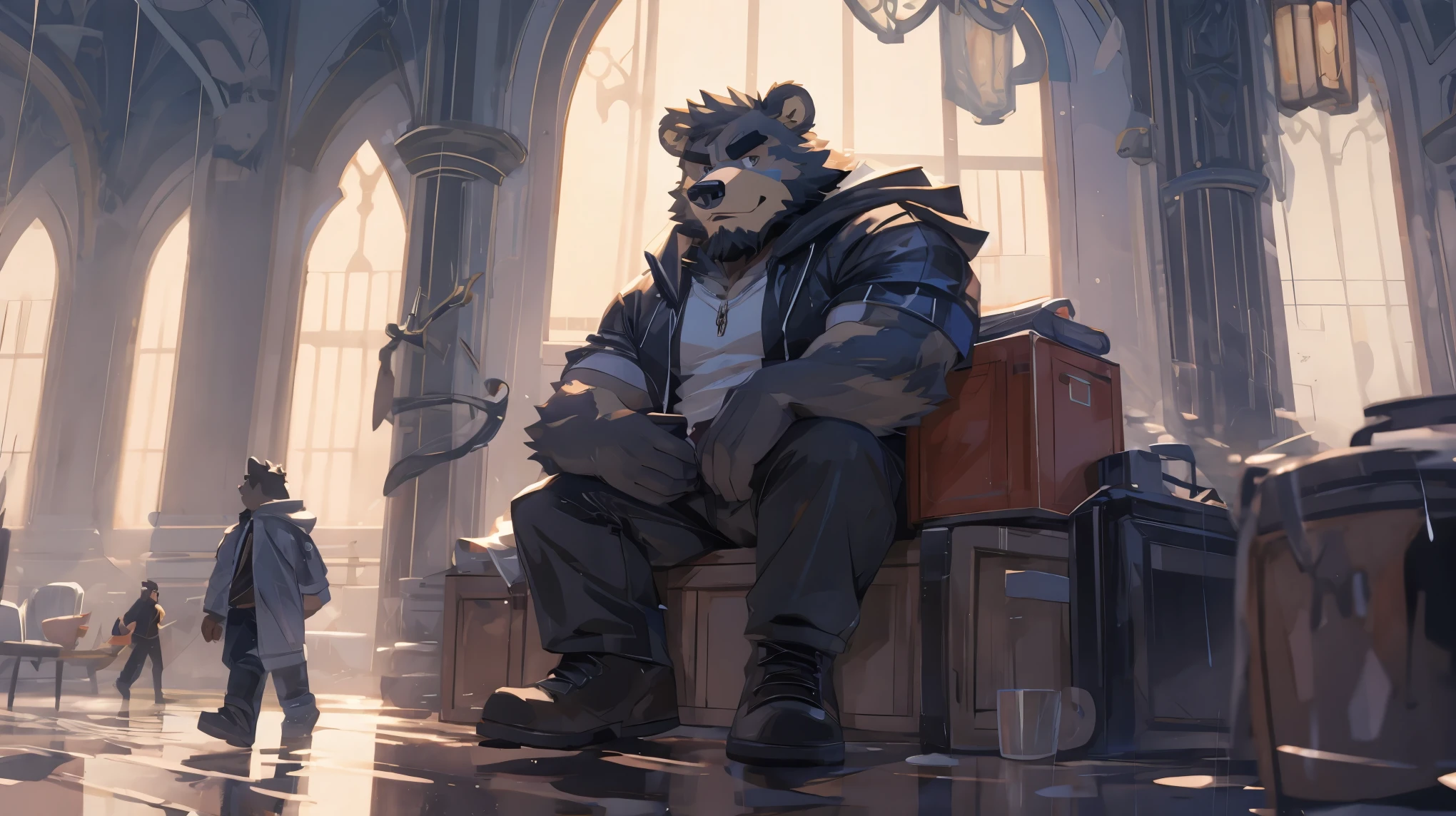 (masterpiece:1.2), best quality,pixiv,official art,(Ray tracing,light),cloudy_Sky,(1_male:1.3), alone, Humanity, (muscle), (gray fur:1.4), (muscle bear), (bear tail), (beard:1.2), halfway, Thick eyebrows, (White background :1.3), black vest, open hoodie, cargo shorts, boots , Salar de Uyuni ,rainy ,reflection, looking at viewer