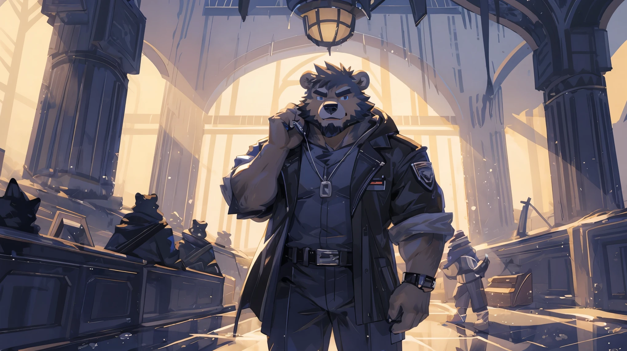 (masterpiece:1.2), best quality,pixiv,official art,(Ray tracing,light),cloudy_Sky,(1_male:1.3), alone, Humanity, (muscle), (gray fur:1.4), (muscle bear), (bear tail), (beard:1.2), halfway, Thick eyebrows, (White background :1.3), black vest, open hoodie, cargo shorts, boots , Salar de Uyuni ,rainy ,reflection, looking at viewer