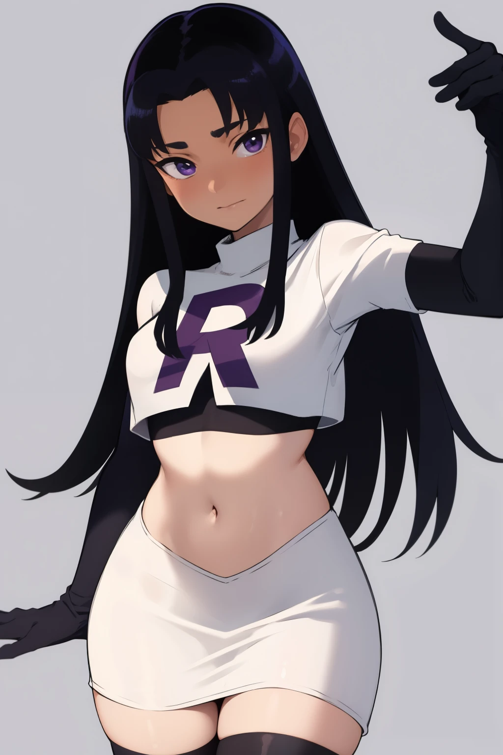 (masterpiece, best quality:1.2), blackfire, 1girl, solo, breasts, dark skin, team rocket,team rocket uniform,white skirt,red letter R,crop top,black thigh-highs,black elbow gloves