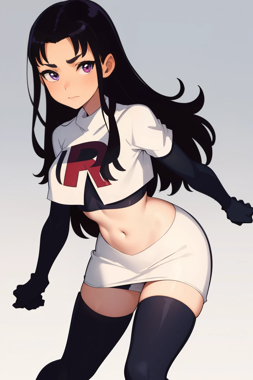 (masterpiece, best quality:1.2), blackfire, 1girl, solo, breasts, dark skin, team rocket,team rocket uniform,white skirt,red letter R,crop top,black thigh-highs,black elbow gloves