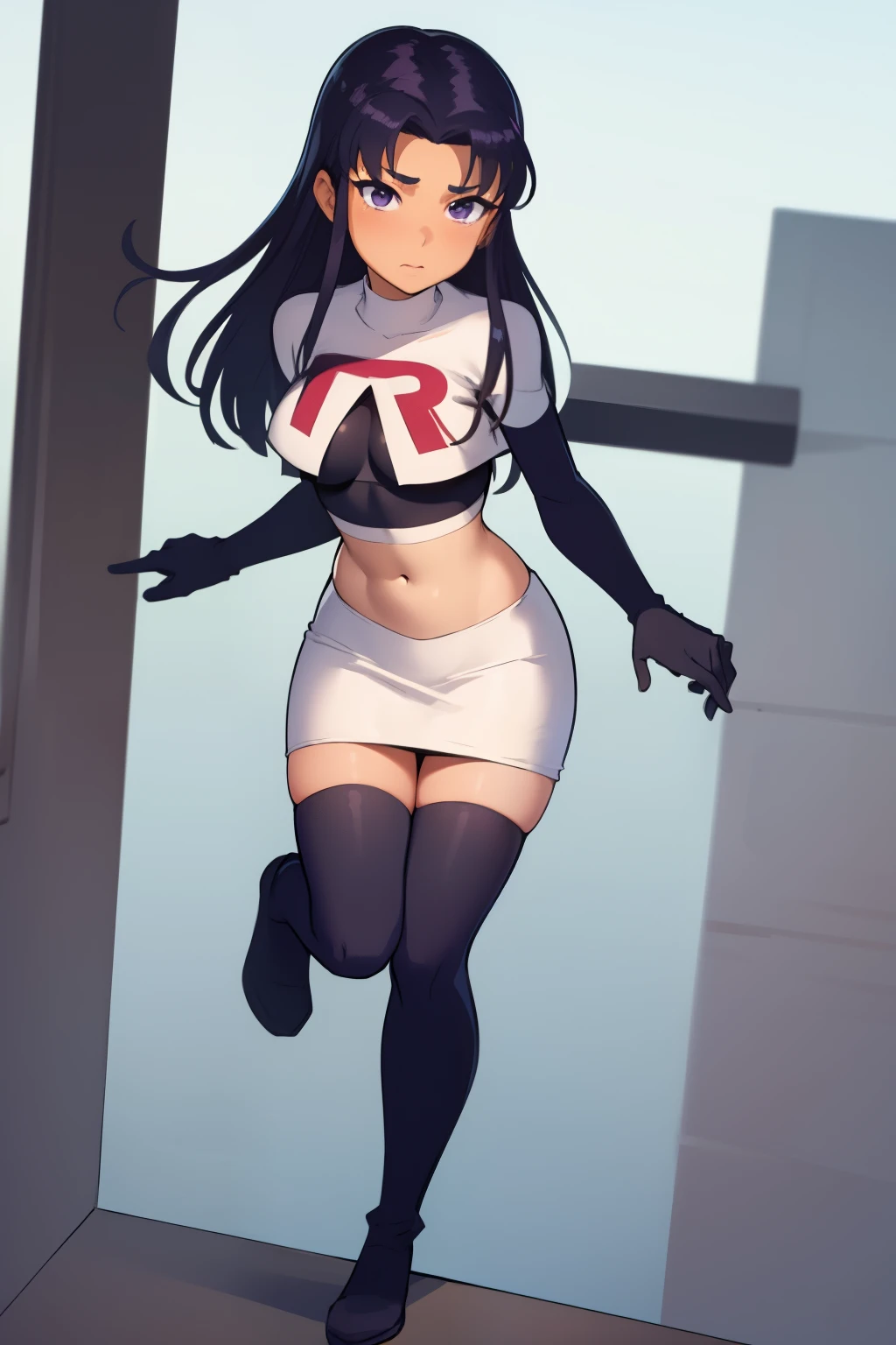 (masterpiece, best quality:1.2), blackfire, 1girl, solo, breasts, dark skin, team rocket,team rocket uniform,white skirt,red letter R,crop top,black thigh-highs,black elbow gloves