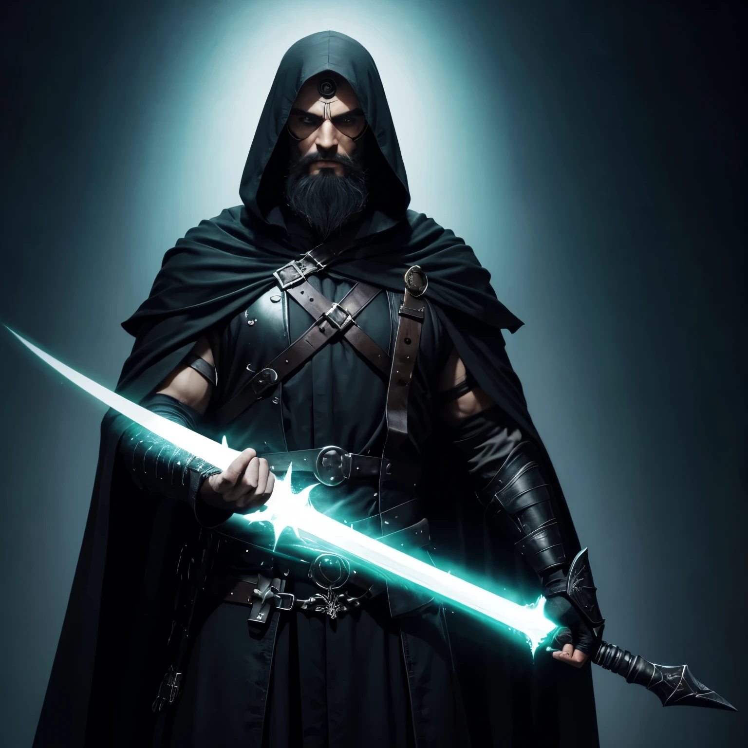 Man in a black robe, wearing leather armor, right eye black, beard, hands raised(greenish glow), necromancer