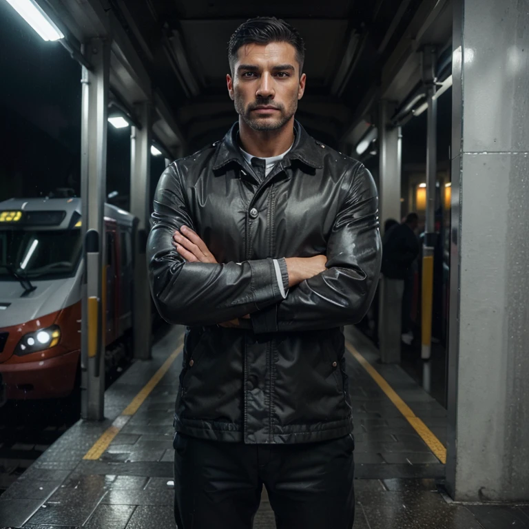 ((photorealism, high quality, detailing, Masterpiece, Best quality:1.2)), (whole body) European strong man (25 years),attractive facial features, black short hair and gray eyes, strong build, in a coat, pants, crossed arms, under rain, (complex background, train), dynamic composition, night, blur depth, world,
